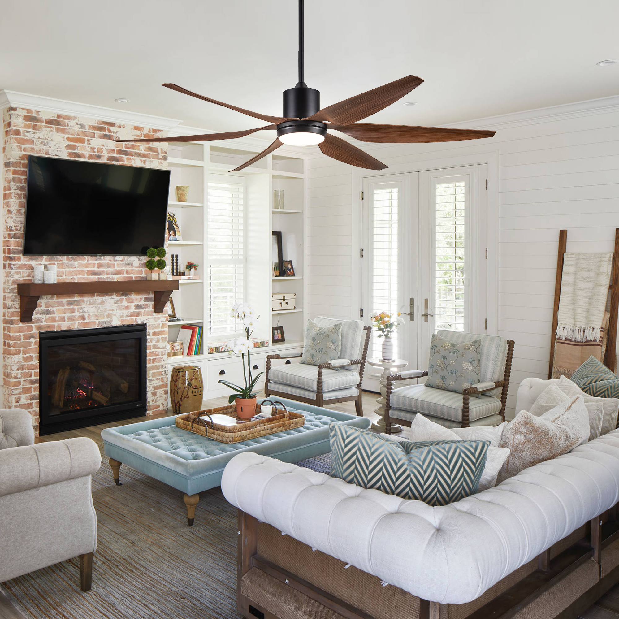 66" Vintage Ceiling Fan Lighting with Brown Blades in Integrated LED - Image 2