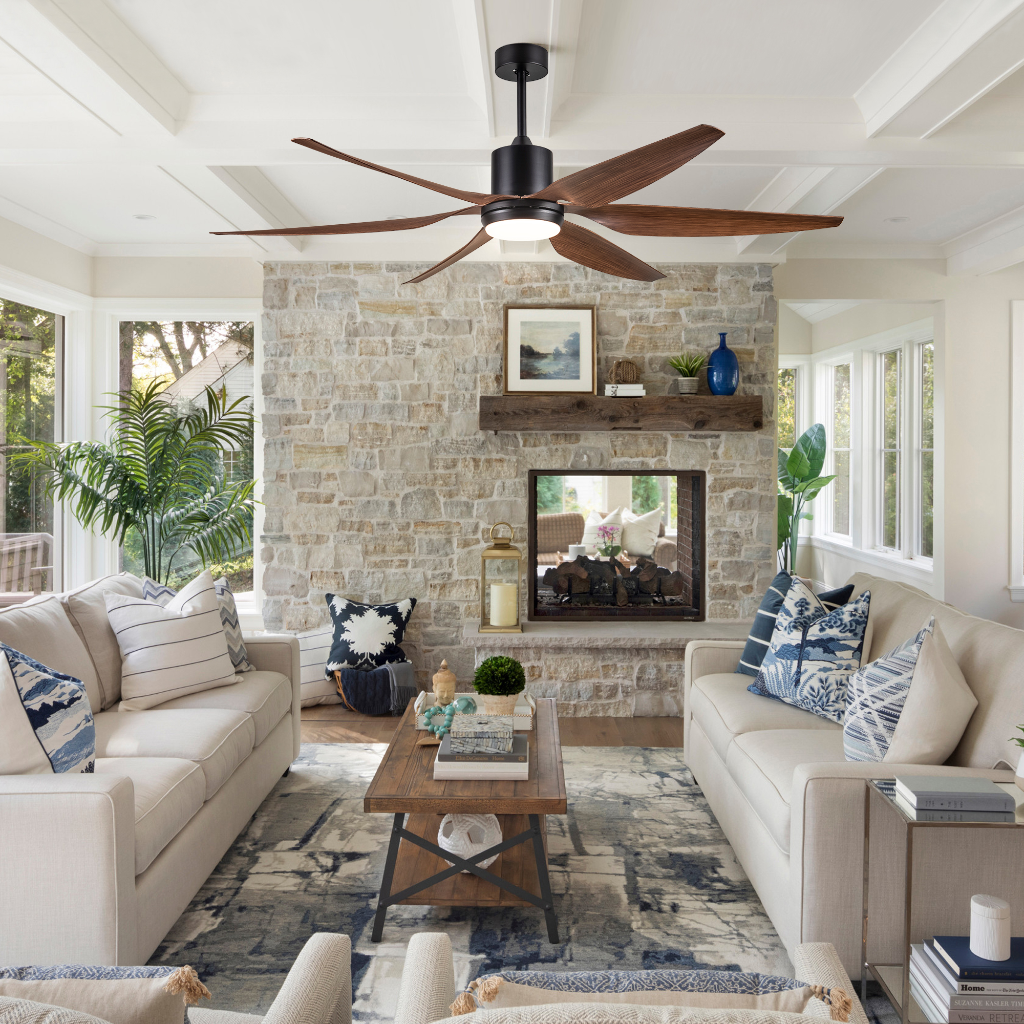 66" Vintage Ceiling Fan Lighting with Brown Blades in Integrated LED - Image 3
