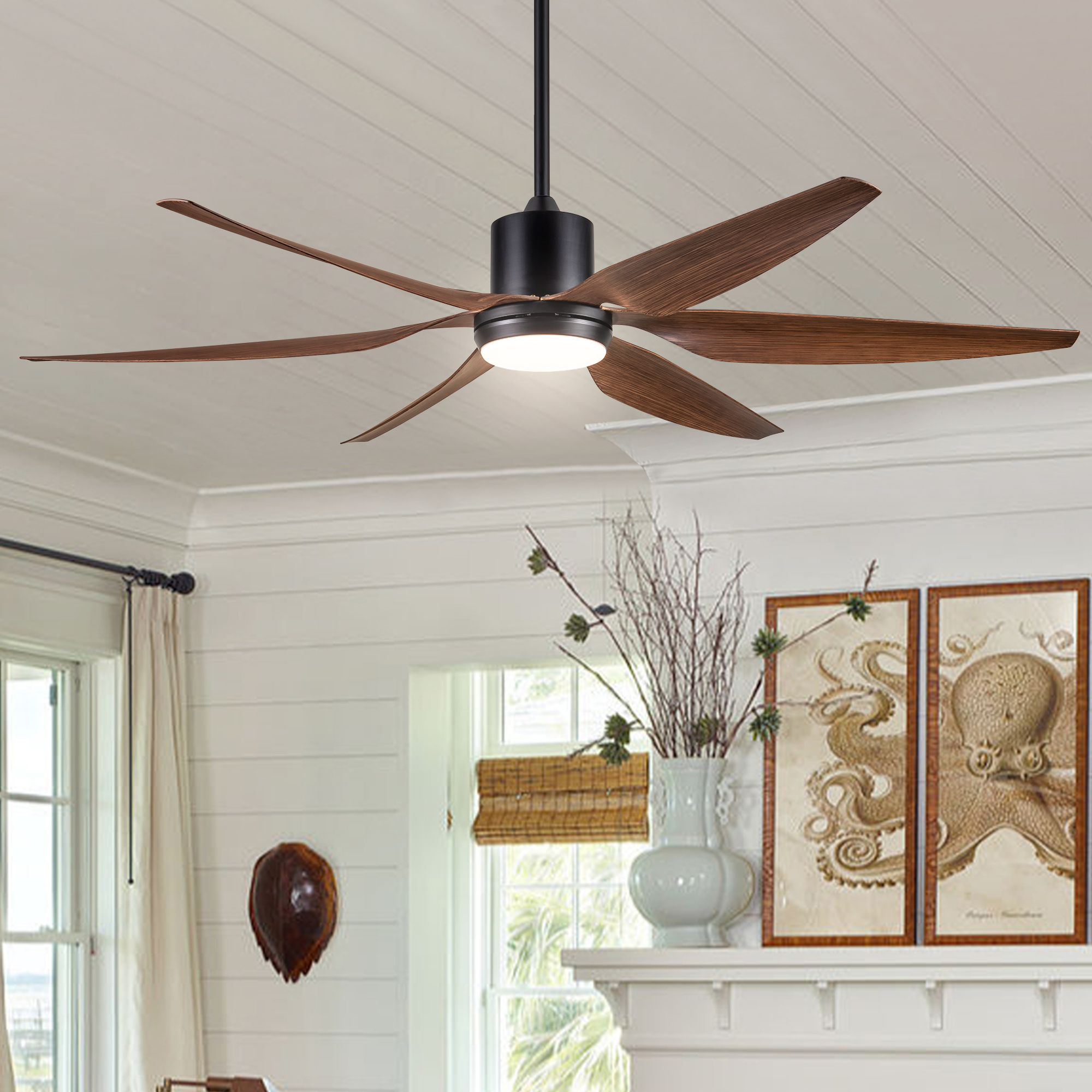 66" Vintage Ceiling Fan Lighting with Brown Blades in Integrated LED - Image 4