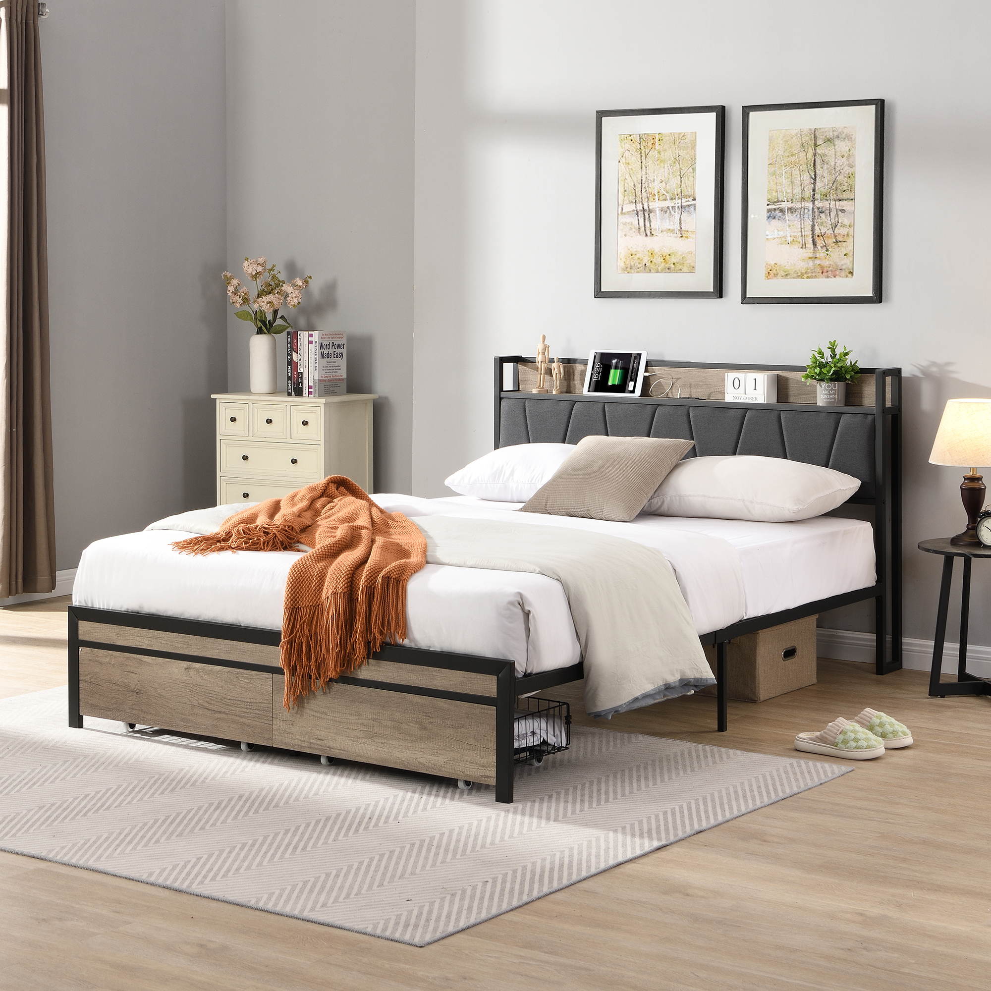 FULL Size Metal Platform Bed Frame with upholstery storage function Headboard and USB LINER and Footboard with drawers , No Box Spring Needed, Large Under Bed Storage, Easy Assemble - Image 2