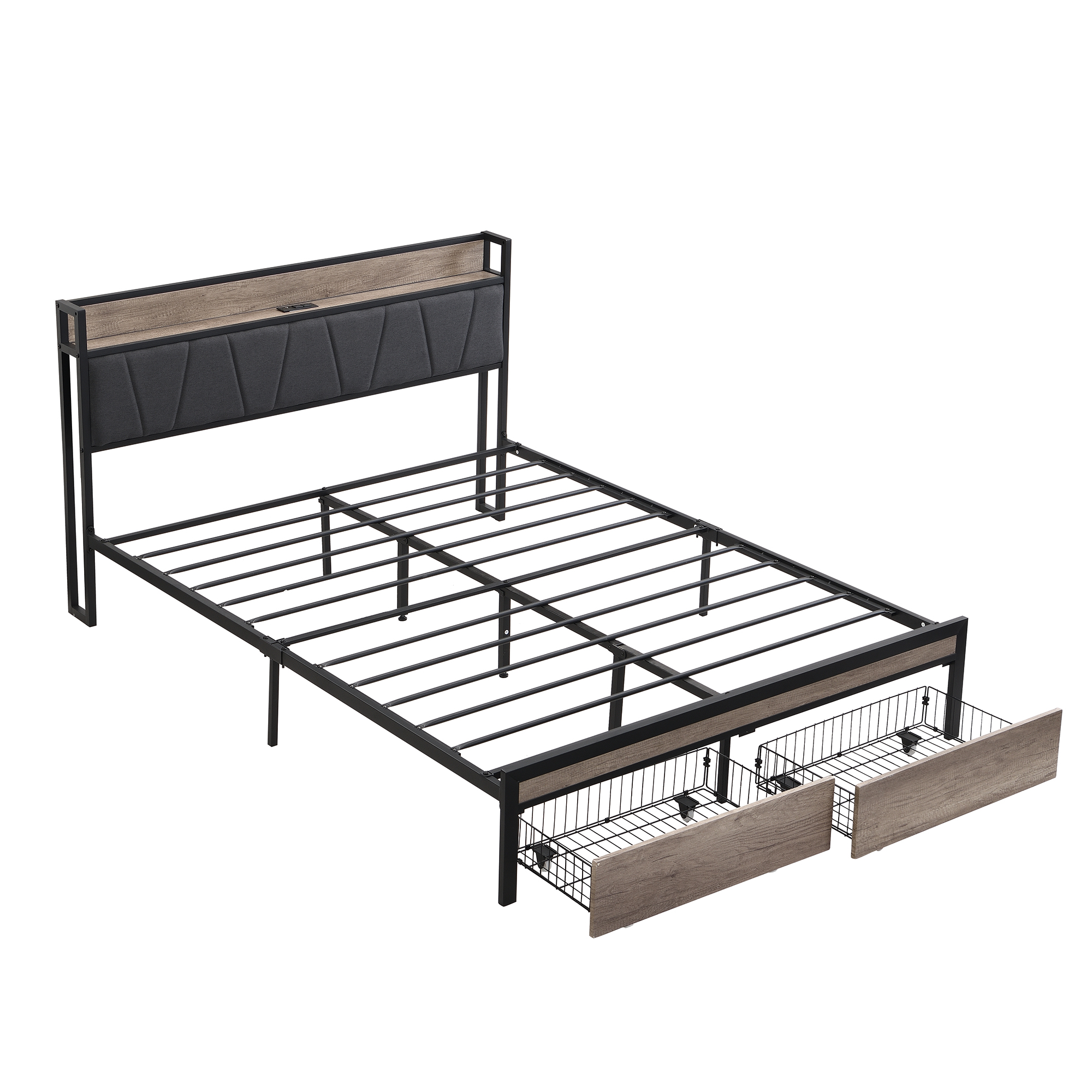 FULL Size Metal Platform Bed Frame with upholstery storage function Headboard and USB LINER and Footboard with drawers , No Box Spring Needed, Large Under Bed Storage, Easy Assemble - Image 5