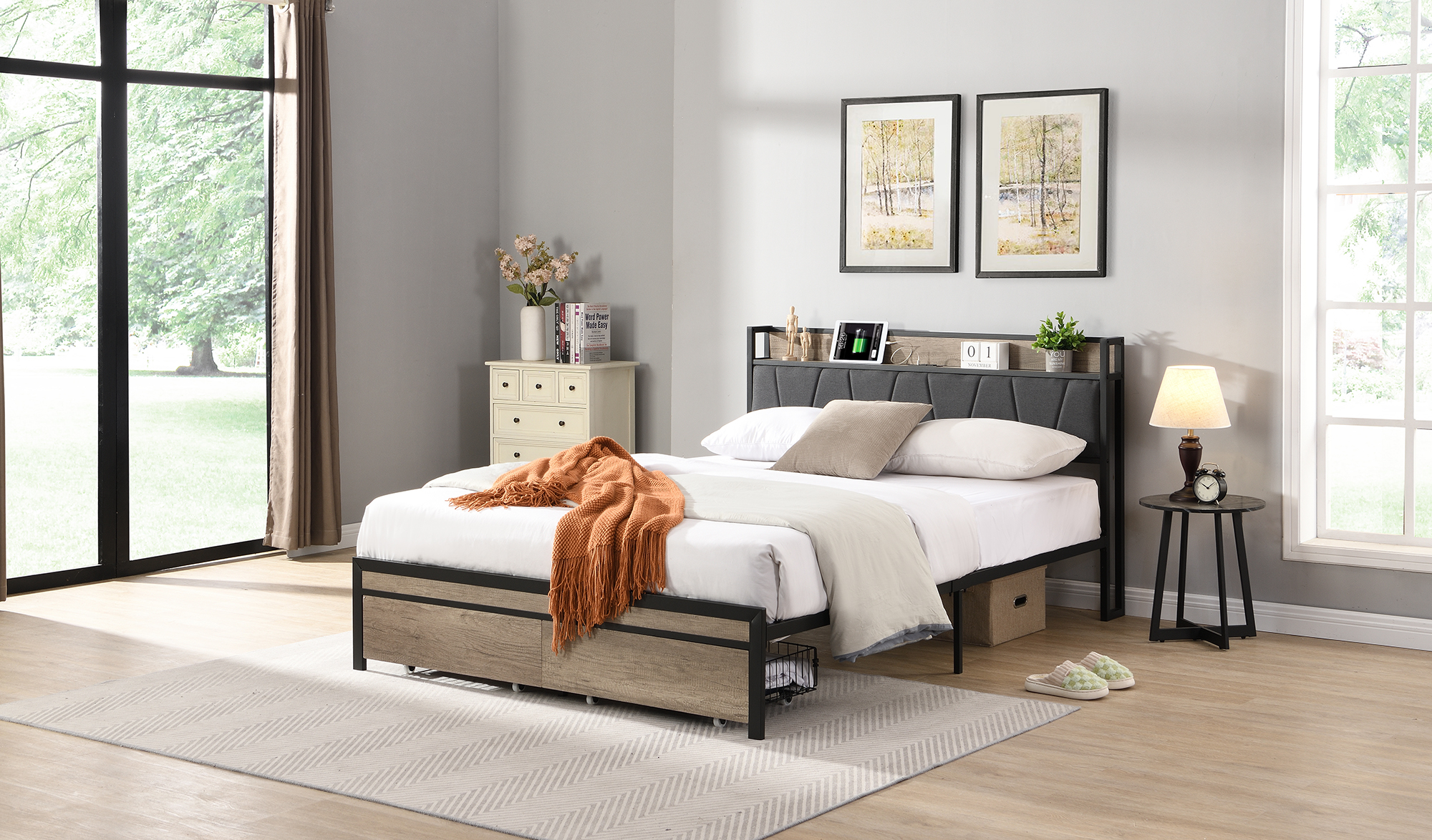 Queen Size Metal Platform Bed Frame with upholstery storage function Headboard and USB LINER and Footboard with drawers , No Box Spring Needed, Large Under Bed Storage, Easy Assemble - Image 2