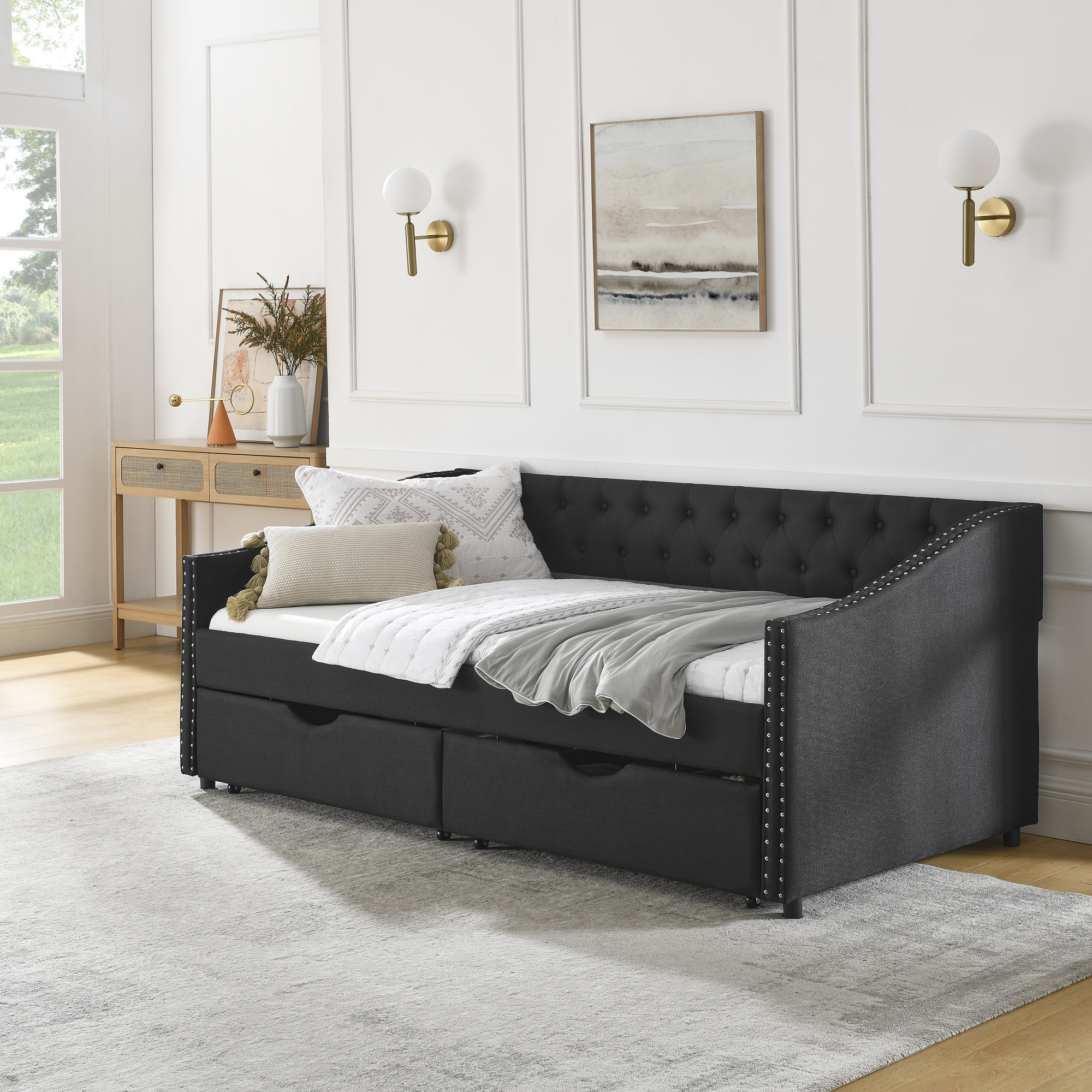 Twin Size Daybed with Drawers Upholstered Tufted Sofa Bed, with Button on Back and Copper Nail on Waved Shape Arms(81.5''x4''x30.5'') - Image 2