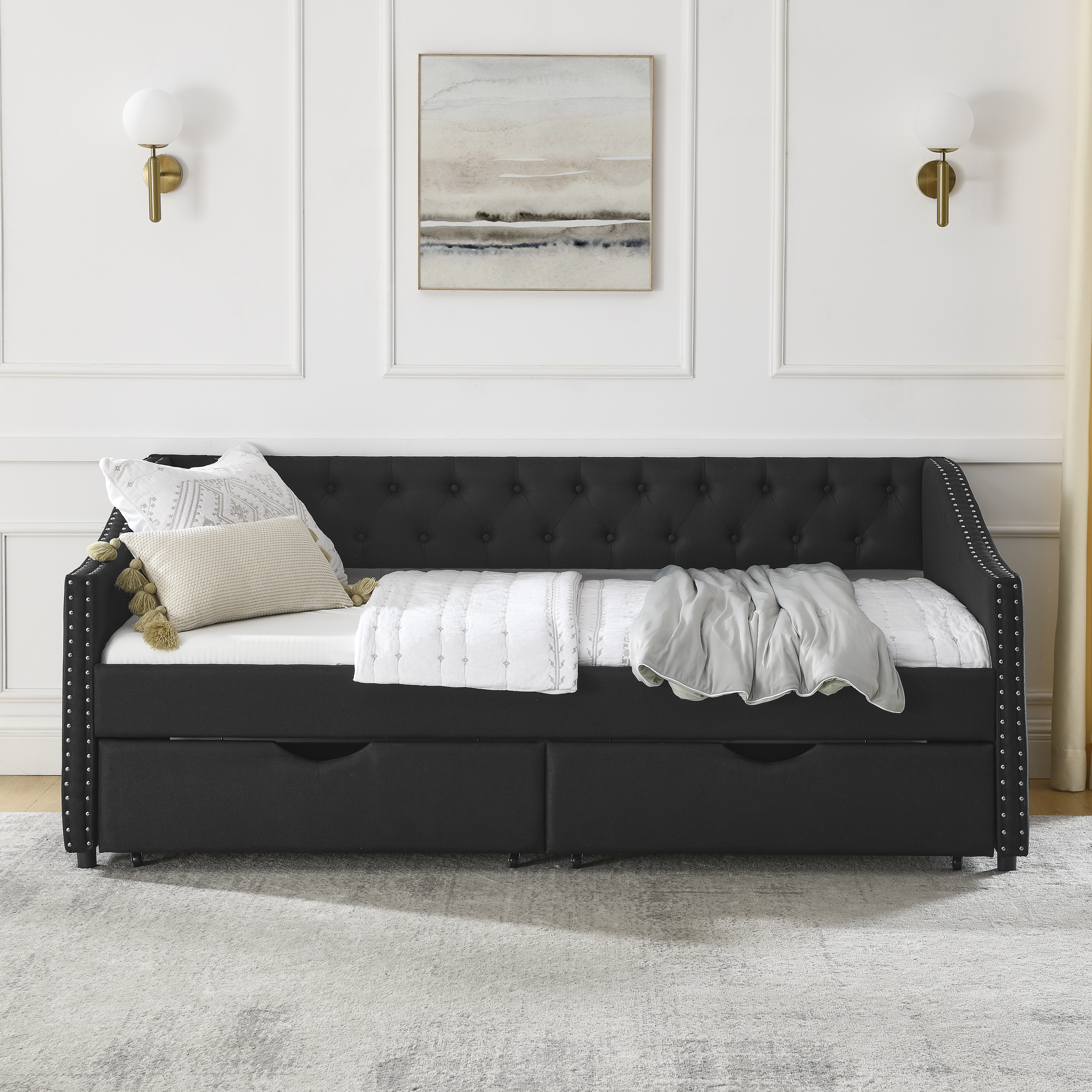 Twin Size Daybed with Drawers Upholstered Tufted Sofa Bed, with Button on Back and Copper Nail on Waved Shape Arms(81.5''x4''x30.5'') - Image 3