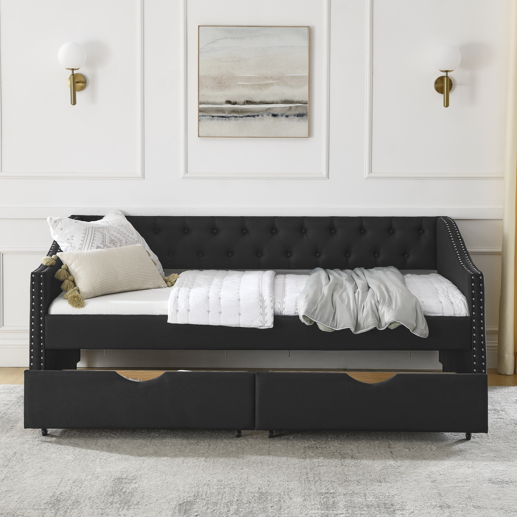 Twin Size Daybed with Drawers Upholstered Tufted Sofa Bed, with Button on Back and Copper Nail on Waved Shape Arms(81.5''x4''x30.5'') - Image 4