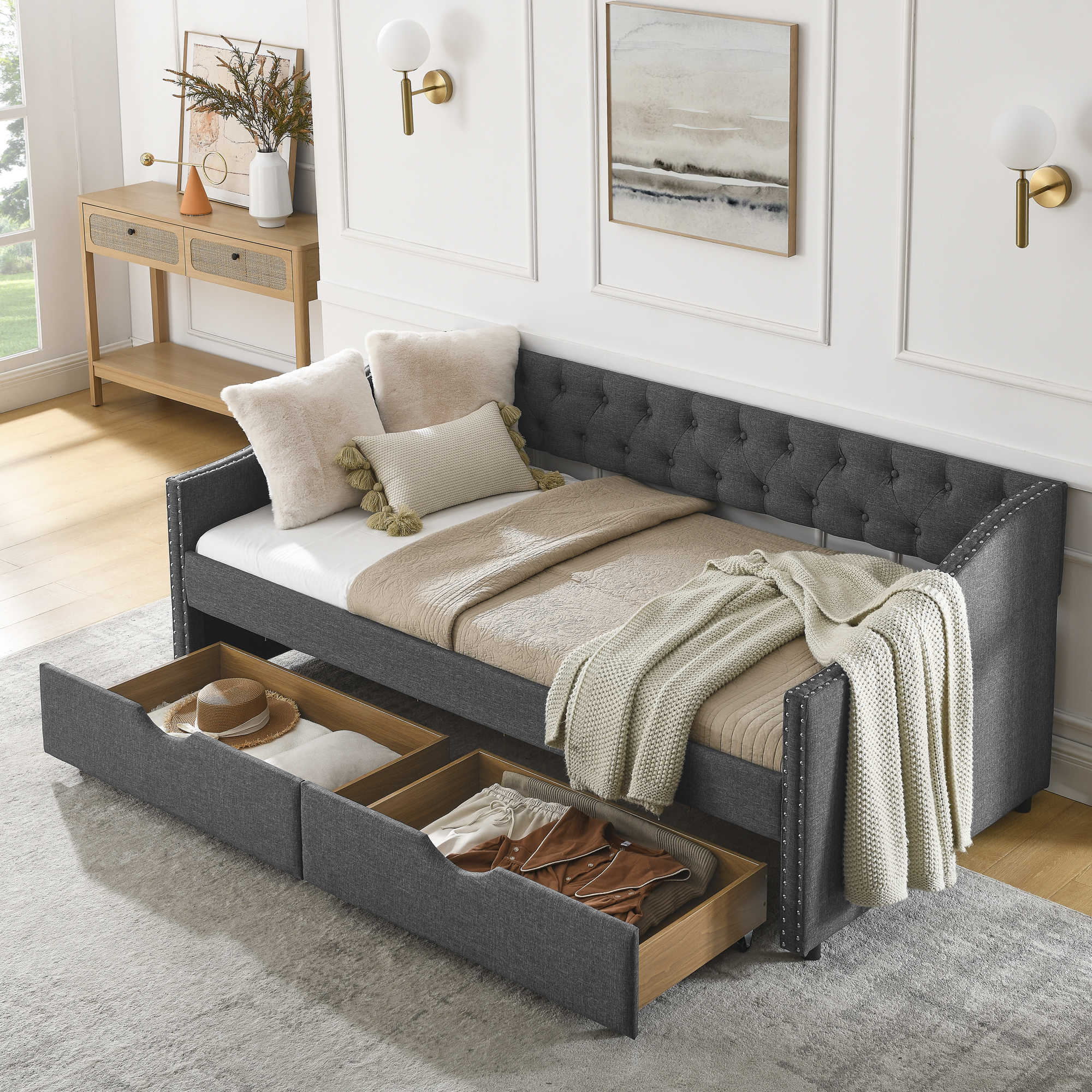 Twin Size Daybed with Drawers Upholstered Tufted Sofa Bed, with Button on Back and Copper Nail on Waved Shape Arms(81.5''x4''x30.5'') - Image 2