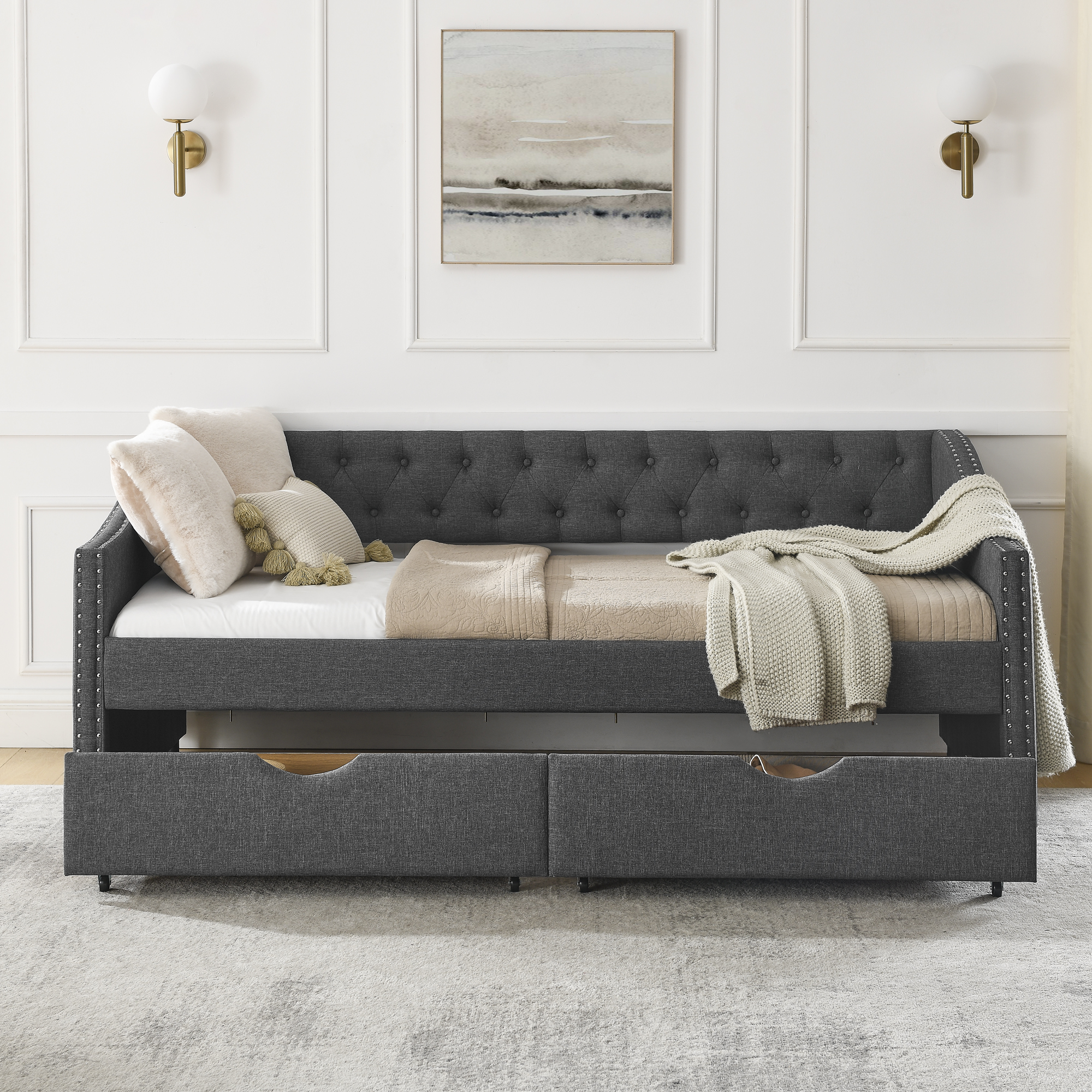 Twin Size Daybed with Drawers Upholstered Tufted Sofa Bed, with Button on Back and Copper Nail on Waved Shape Arms(81.5''x4''x30.5'') - Image 3