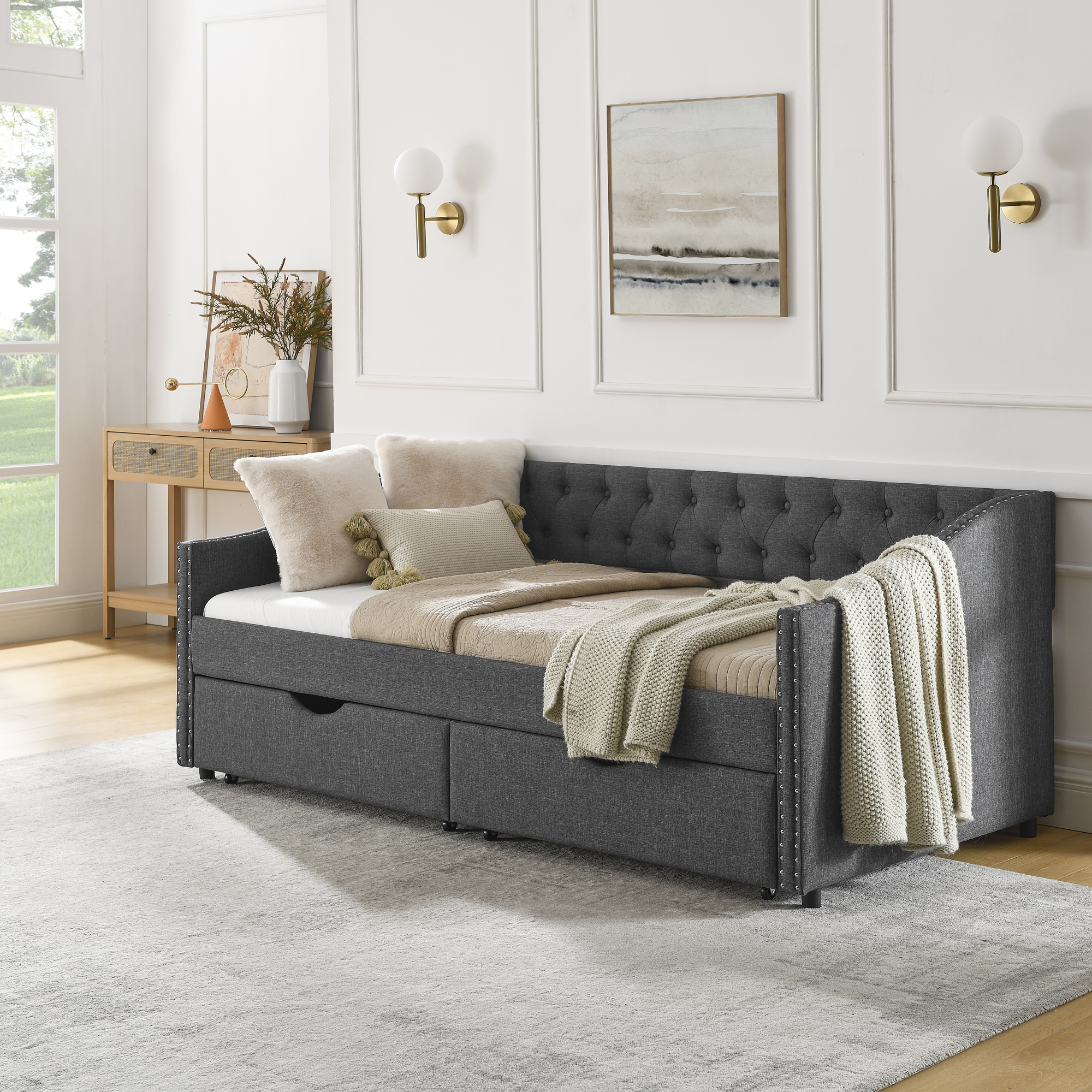 Twin Size Daybed with Drawers Upholstered Tufted Sofa Bed, with Button on Back and Copper Nail on Waved Shape Arms(81.5''x4''x30.5'') - Image 4