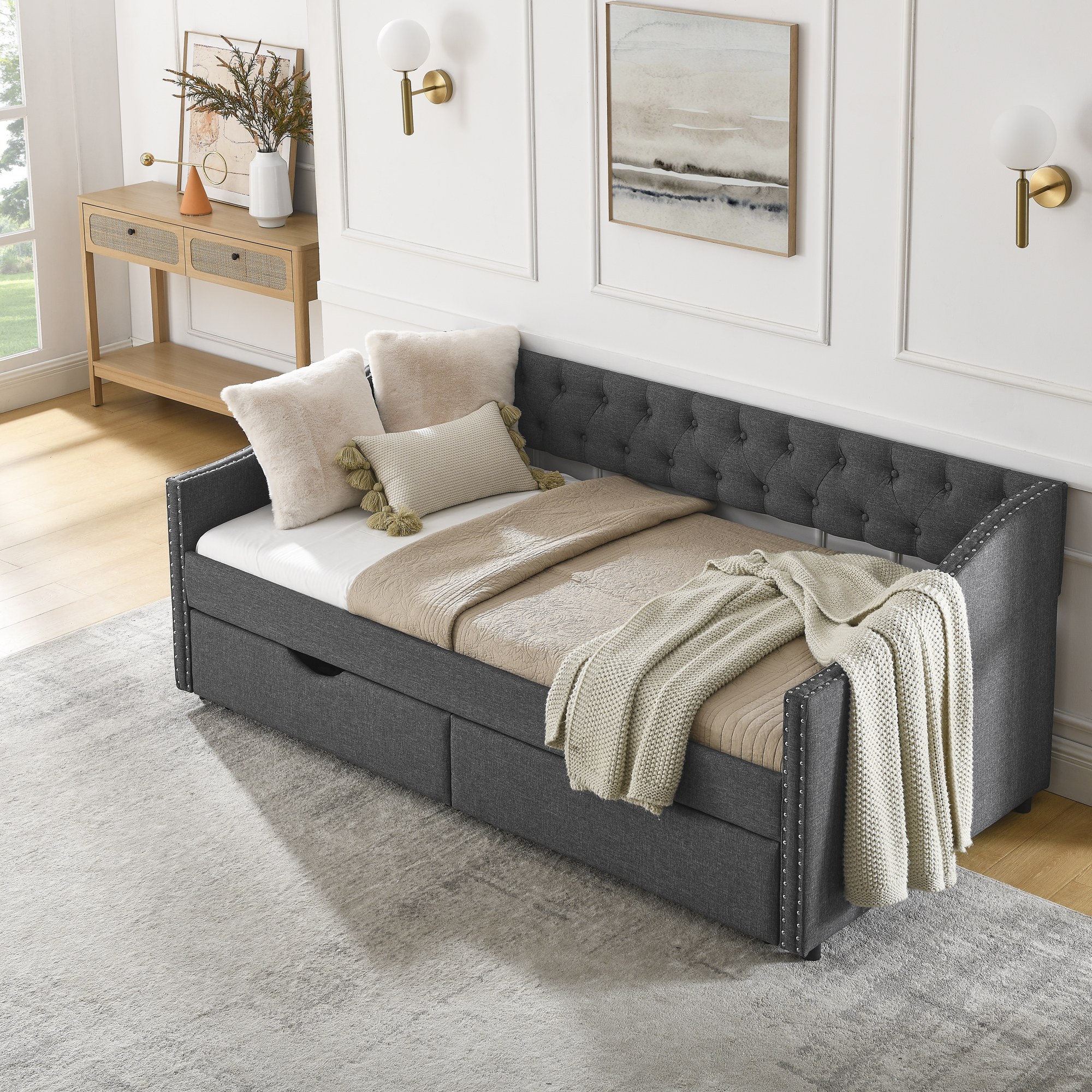 Twin Size Daybed with Drawers Upholstered Tufted Sofa Bed, with Button on Back and Copper Nail on Waved Shape Arms(81.5''x4''x30.5'') - Image 5