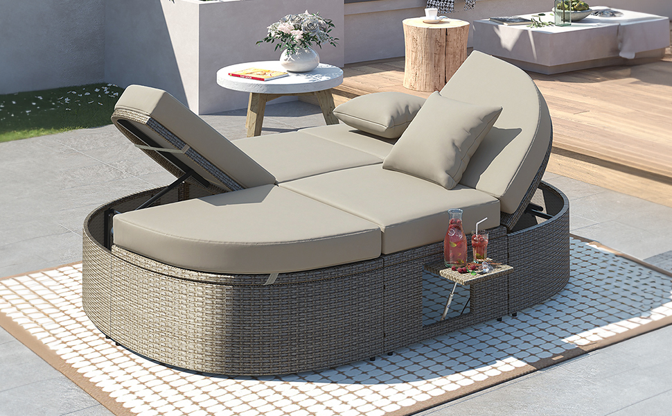 TOPMAX Outdoor Sun Bed Patio 2-Person Daybed with Cushions and Pillows, Rattan Garden Reclining Chaise Lounge with Adjustable Backrests and Foldable Cup Trays for Lawn,Poolside, Gray - Image 3