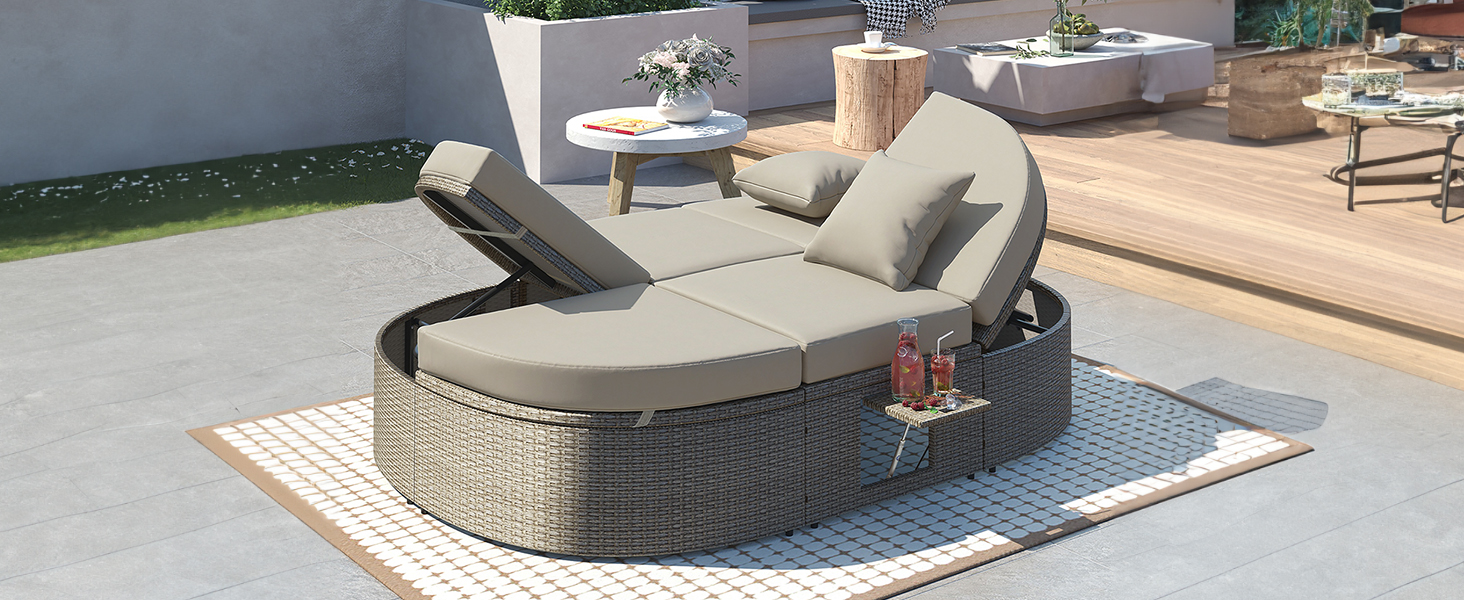 TOPMAX Outdoor Sun Bed Patio 2-Person Daybed with Cushions and Pillows, Rattan Garden Reclining Chaise Lounge with Adjustable Backrests and Foldable Cup Trays for Lawn,Poolside, Gray - Image 4