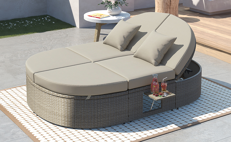 TOPMAX Outdoor Sun Bed Patio 2-Person Daybed with Cushions and Pillows, Rattan Garden Reclining Chaise Lounge with Adjustable Backrests and Foldable Cup Trays for Lawn,Poolside, Gray - Image 5