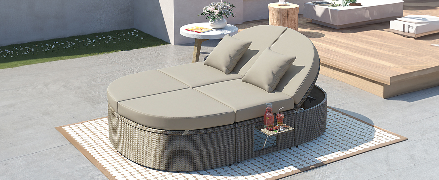 TOPMAX Outdoor Sun Bed Patio 2-Person Daybed with Cushions and Pillows, Rattan Garden Reclining Chaise Lounge with Adjustable Backrests and Foldable Cup Trays for Lawn,Poolside, Gray - Image 6