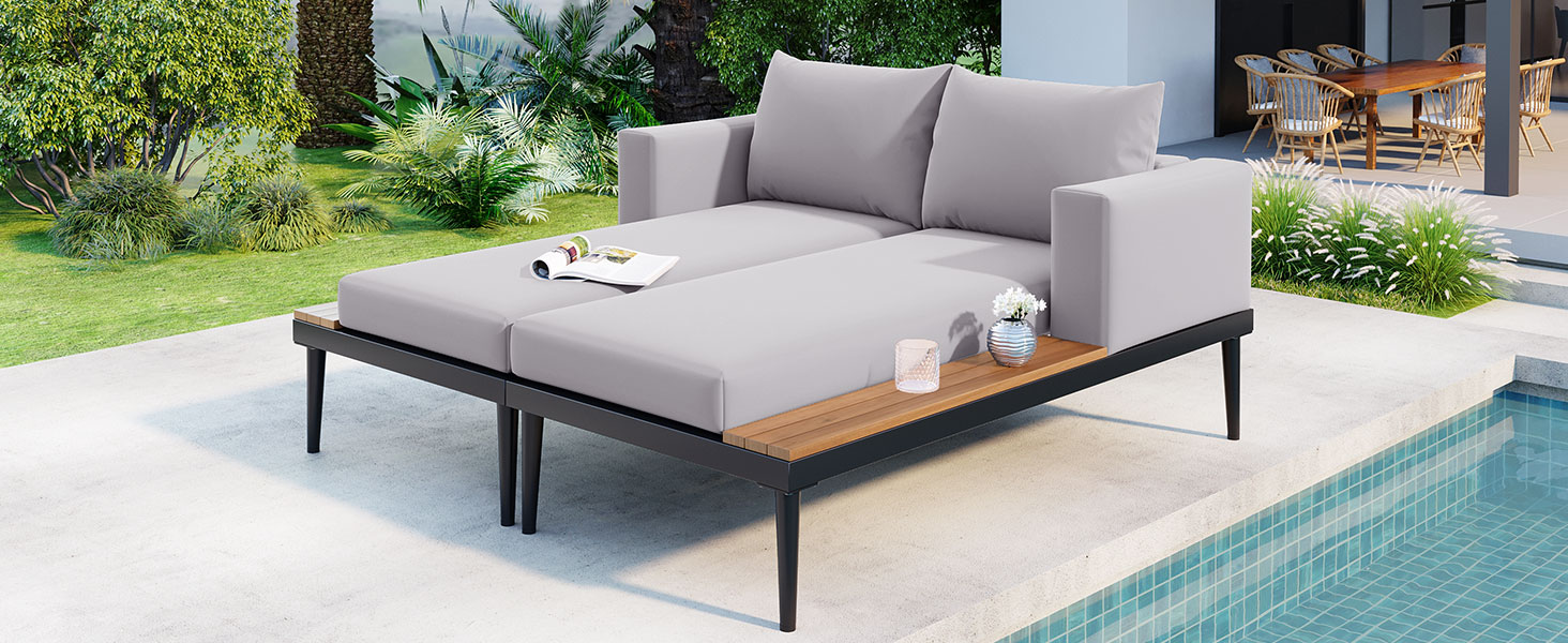 TOPMAX Modern Outdoor Daybed Patio Metal Daybed with Wood Topped Side Spaces for Drinks, 2 in 1 Padded Chaise Lounges for Poolside, Balcony, Deck, Gray - Image 4