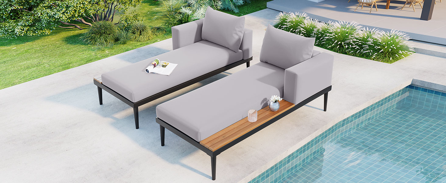 TOPMAX Modern Outdoor Daybed Patio Metal Daybed with Wood Topped Side Spaces for Drinks, 2 in 1 Padded Chaise Lounges for Poolside, Balcony, Deck, Gray - Image 3