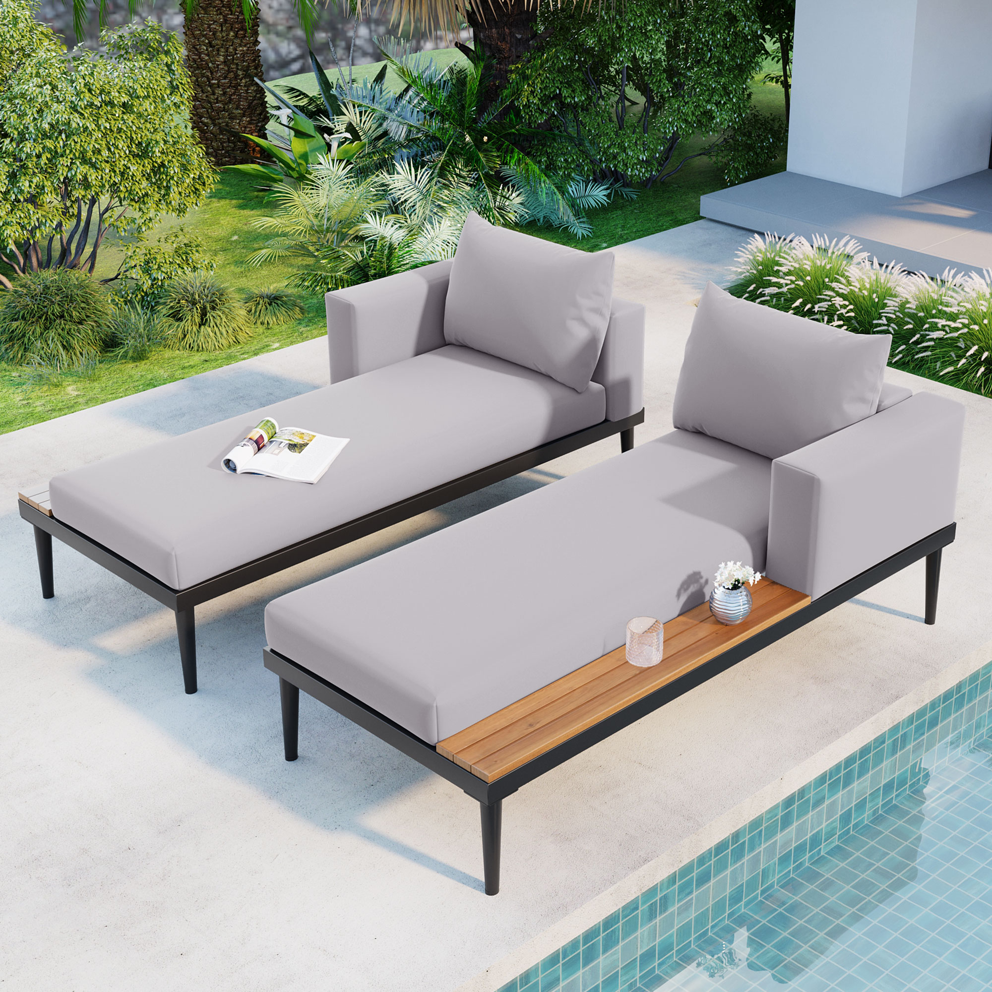 TOPMAX Modern Outdoor Daybed Patio Metal Daybed with Wood Topped Side Spaces for Drinks, 2 in 1 Padded Chaise Lounges for Poolside, Balcony, Deck, Gray - Image 5