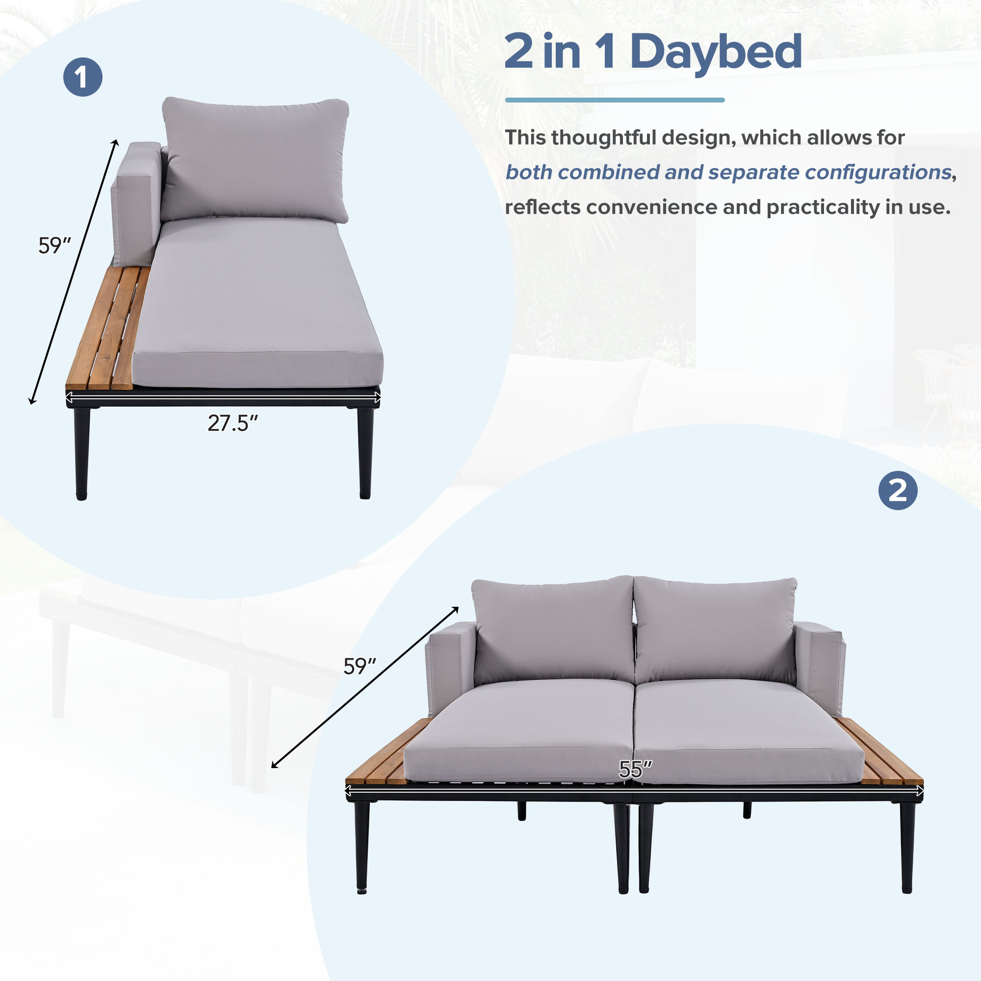 TOPMAX Modern Outdoor Daybed Patio Metal Daybed with Wood Topped Side Spaces for Drinks, 2 in 1 Padded Chaise Lounges for Poolside, Balcony, Deck, Gray - Image 6