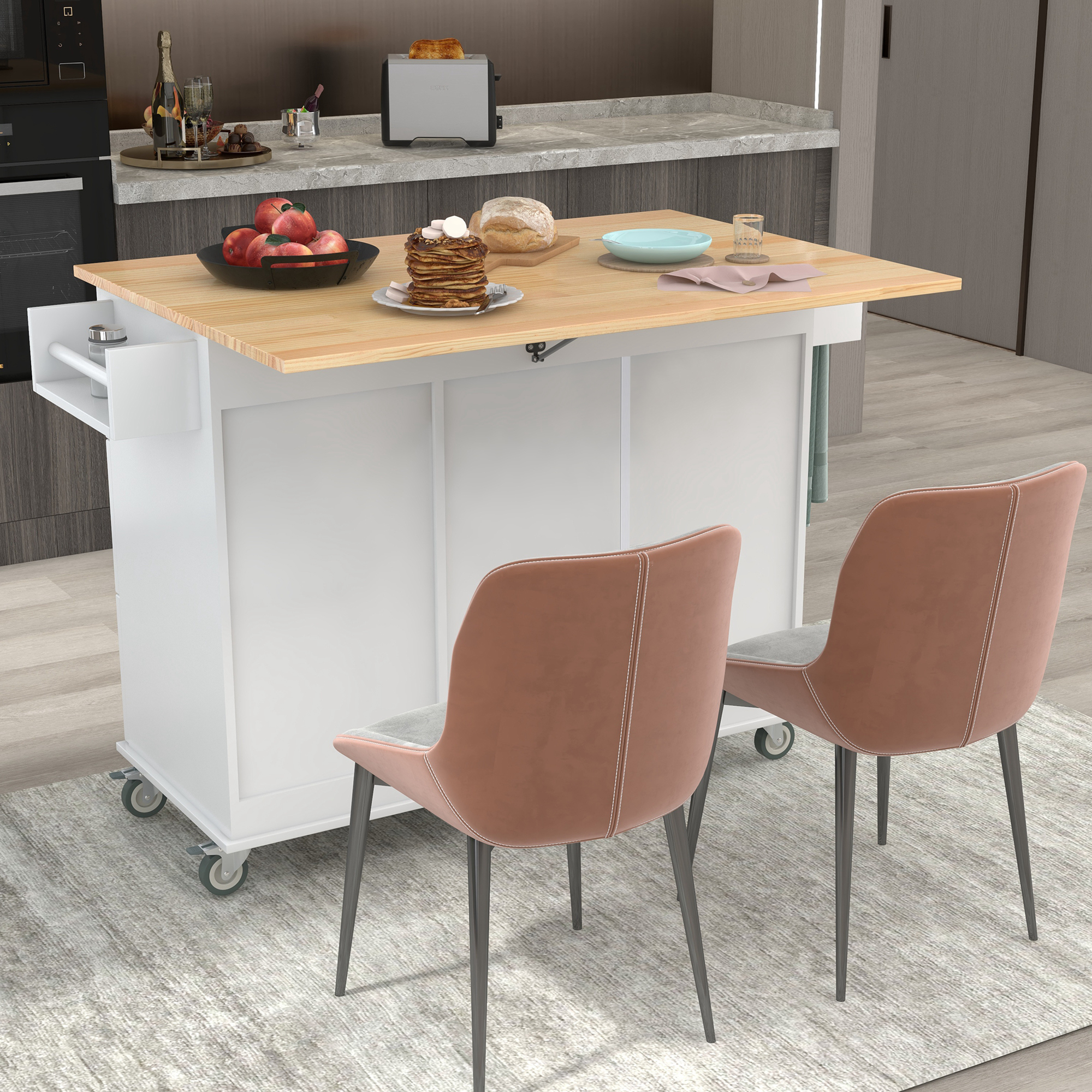 Rolling Mobile Kitchen Island with Solid Wood Top and Locking Wheels,52.7 Inch Width,Storage Cabinet and Drop Leaf Breakfast Bar,Spice Rack, Towel Rack & Drawer (White) - Image 2