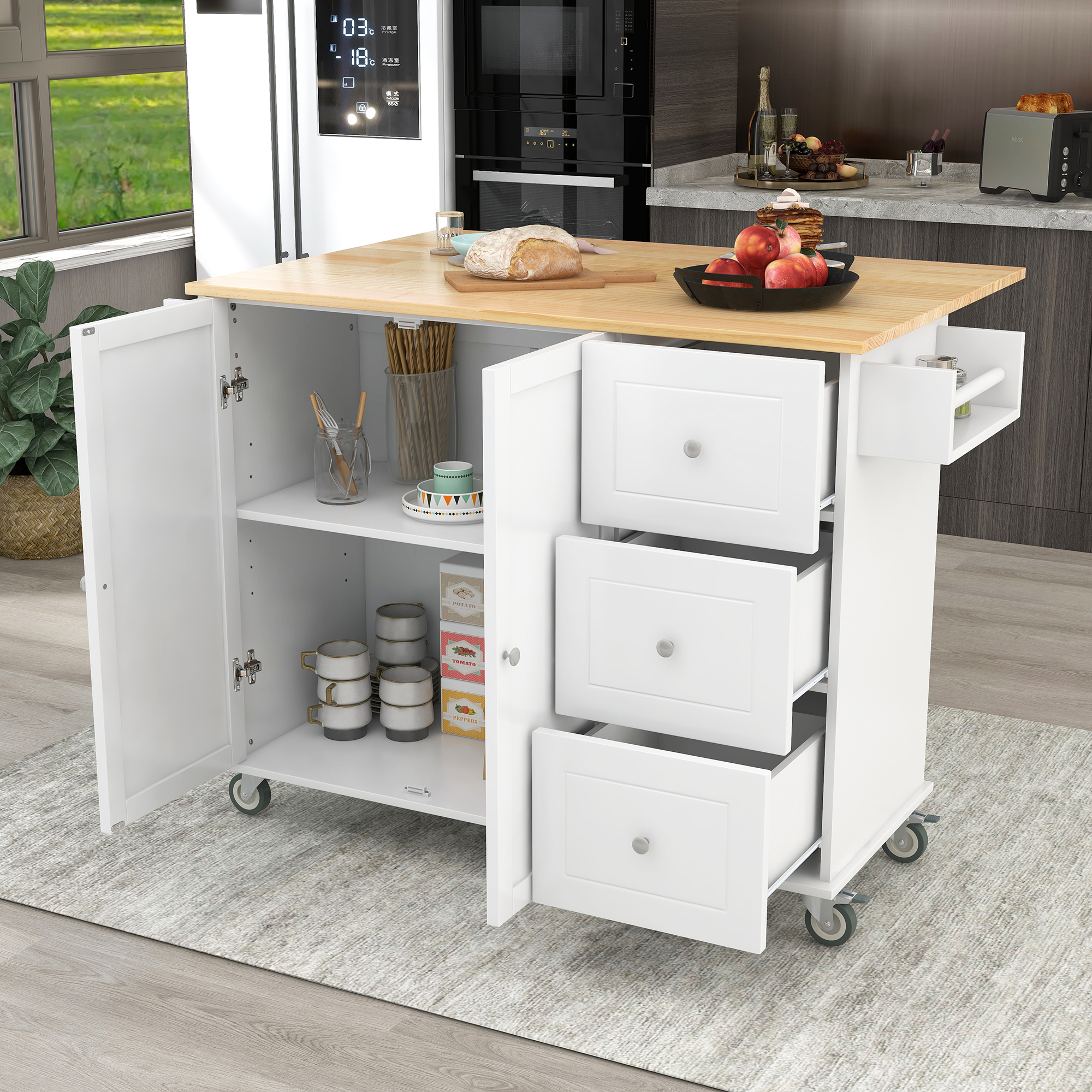 Rolling Mobile Kitchen Island with Solid Wood Top and Locking Wheels,52.7 Inch Width,Storage Cabinet and Drop Leaf Breakfast Bar,Spice Rack, Towel Rack & Drawer (White) - Image 3