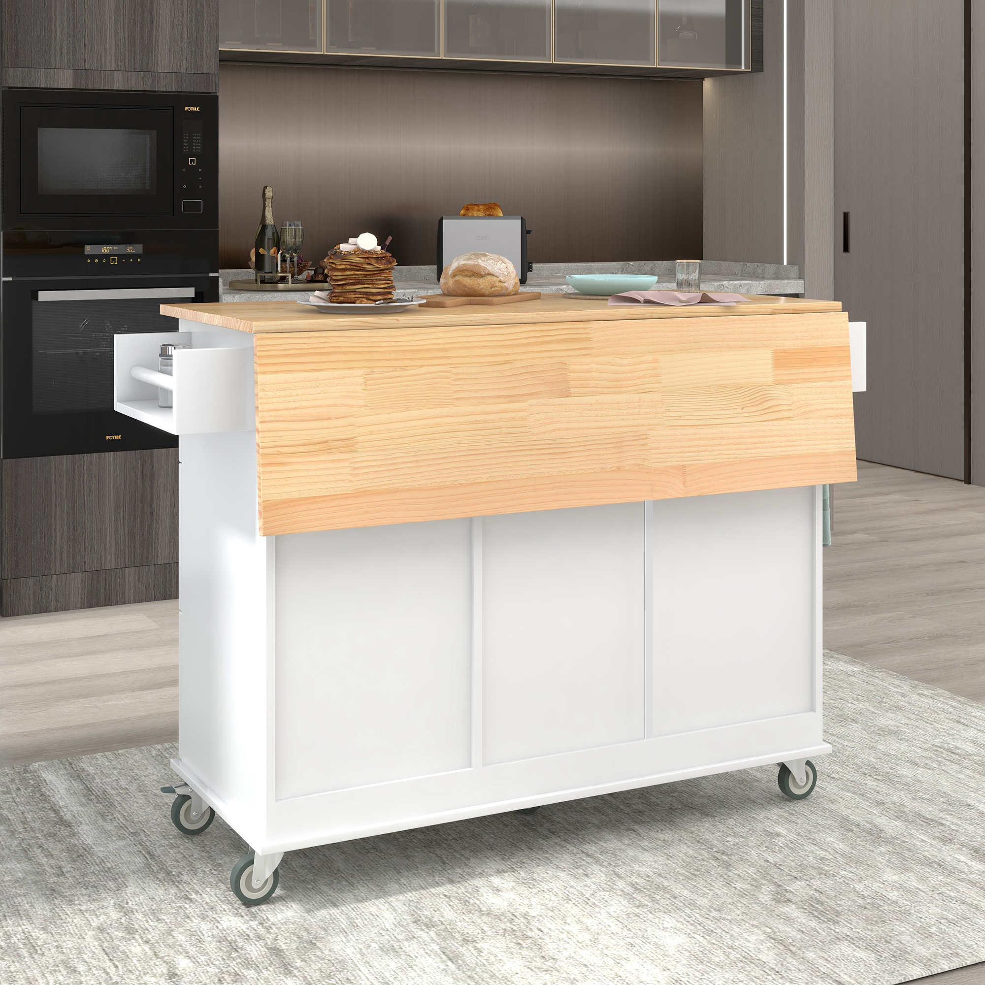 Rolling Mobile Kitchen Island with Solid Wood Top and Locking Wheels,52.7 Inch Width,Storage Cabinet and Drop Leaf Breakfast Bar,Spice Rack, Towel Rack & Drawer (White) - Image 4