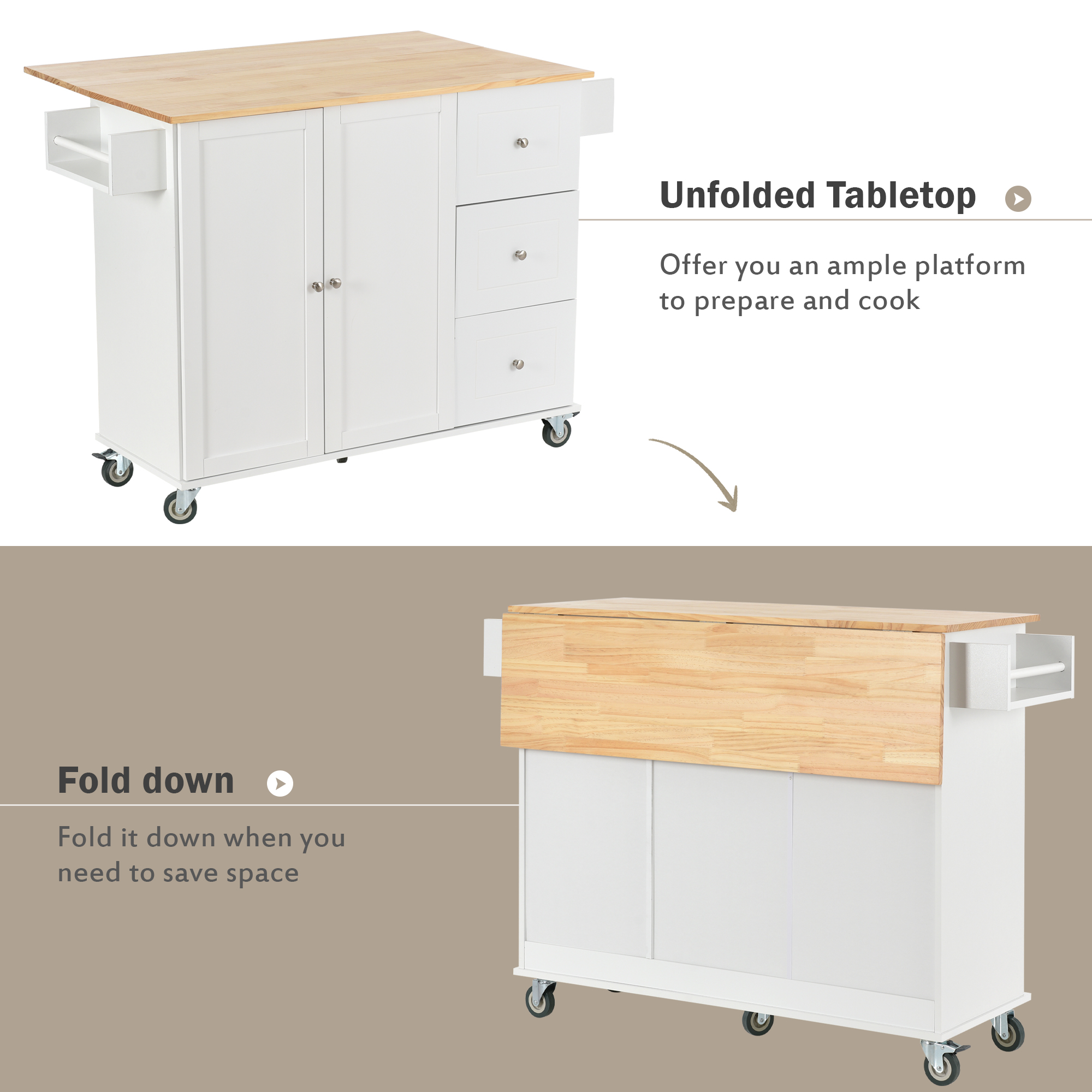 Rolling Mobile Kitchen Island with Solid Wood Top and Locking Wheels,52.7 Inch Width,Storage Cabinet and Drop Leaf Breakfast Bar,Spice Rack, Towel Rack & Drawer (White) - Image 5