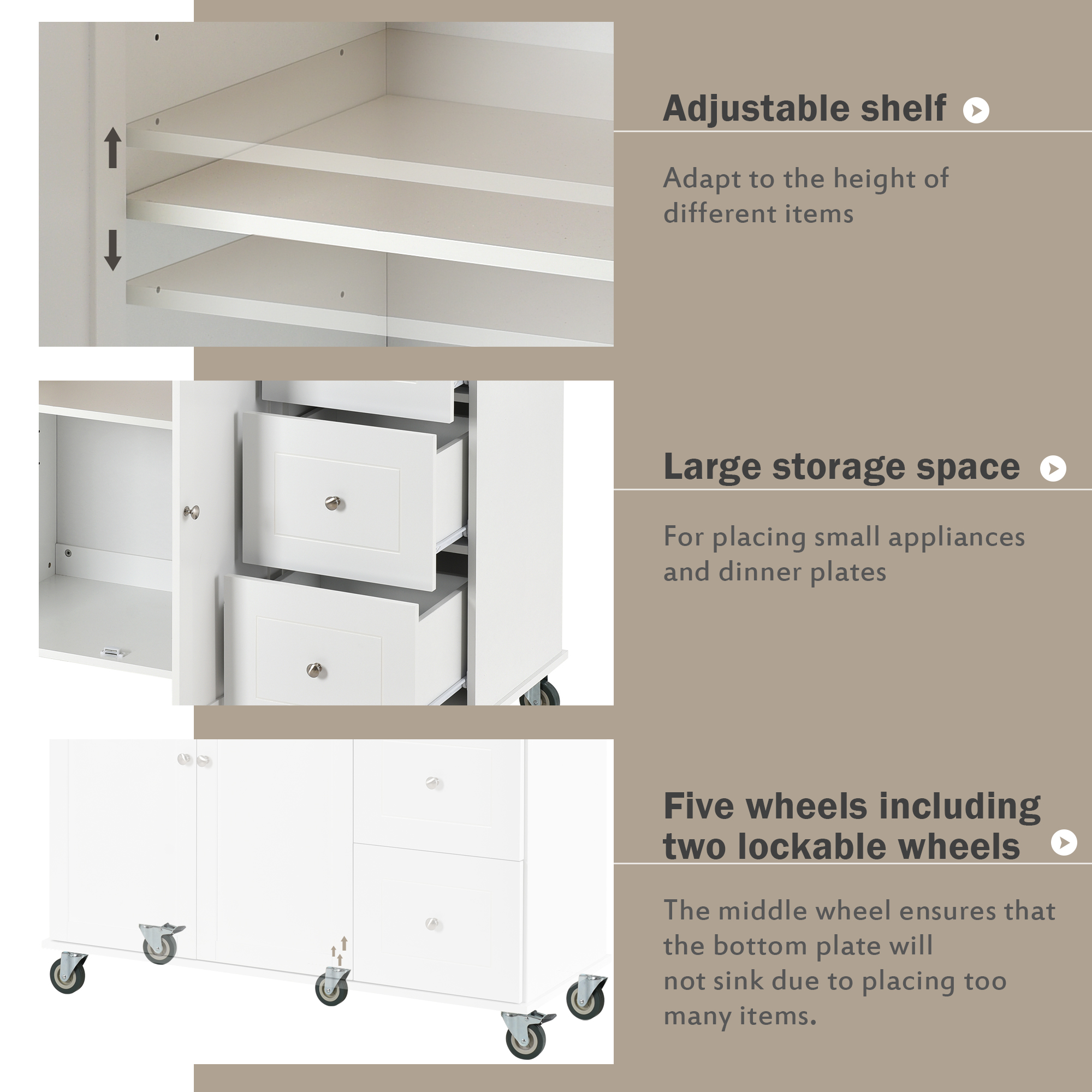 Rolling Mobile Kitchen Island with Solid Wood Top and Locking Wheels,52.7 Inch Width,Storage Cabinet and Drop Leaf Breakfast Bar,Spice Rack, Towel Rack & Drawer (White) - Image 6