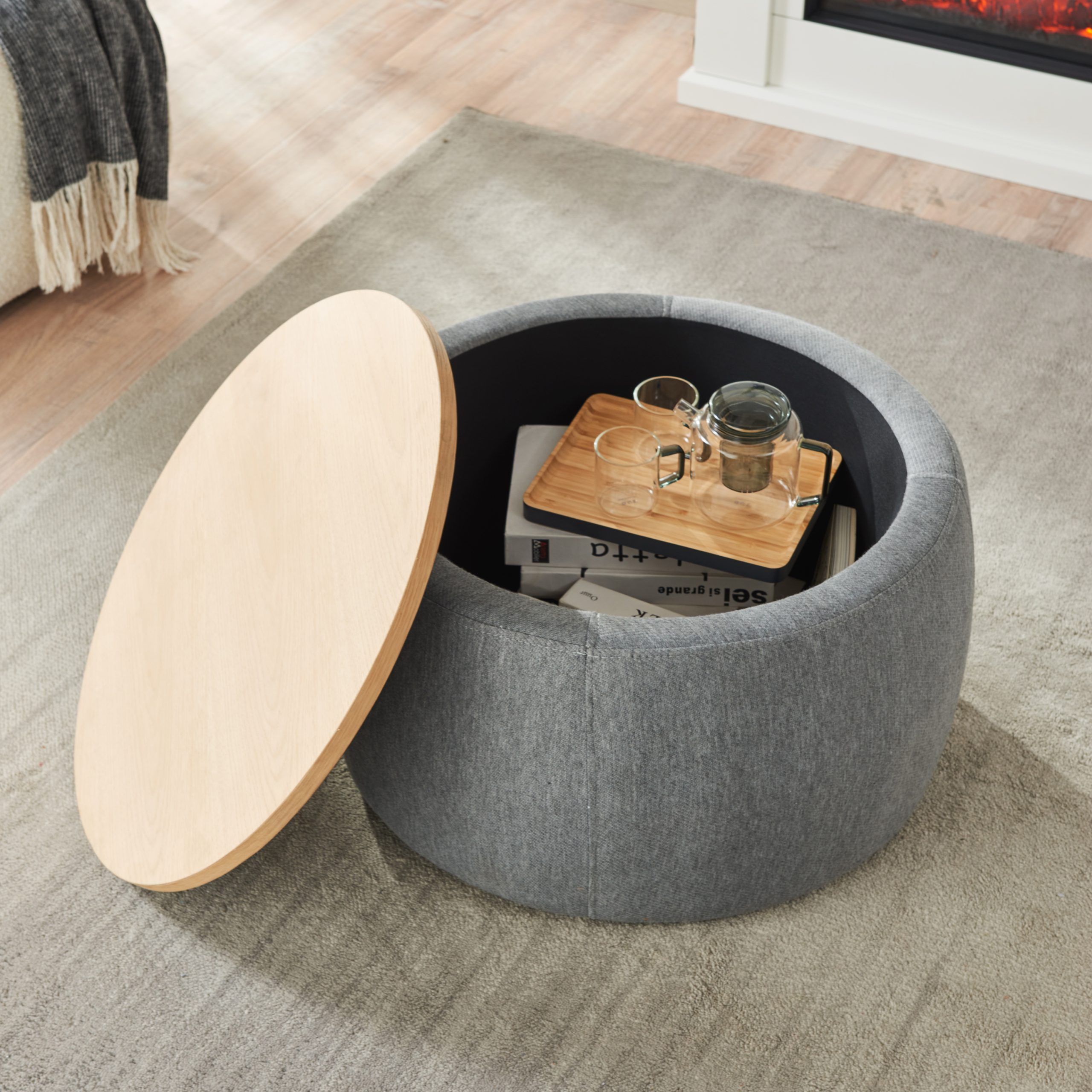 Round Storage Ottoman, 2 in 1 Function, Work as End table and Ottoman, Dark Grey (25.5"x25.5"x14.5") - Image 2