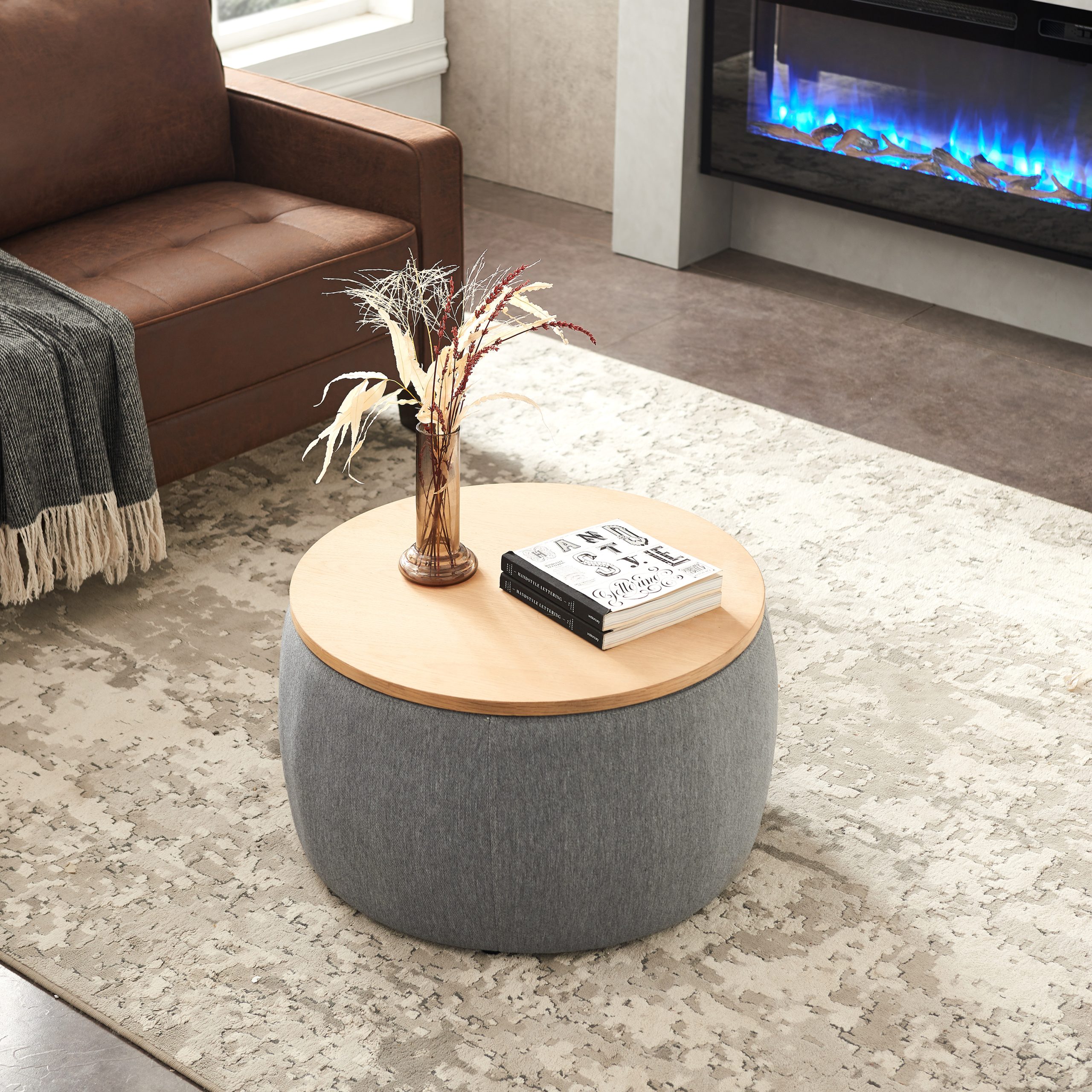 Round Storage Ottoman, 2 in 1 Function, Work as End table and Ottoman, Dark Grey (25.5"x25.5"x14.5") - Image 4