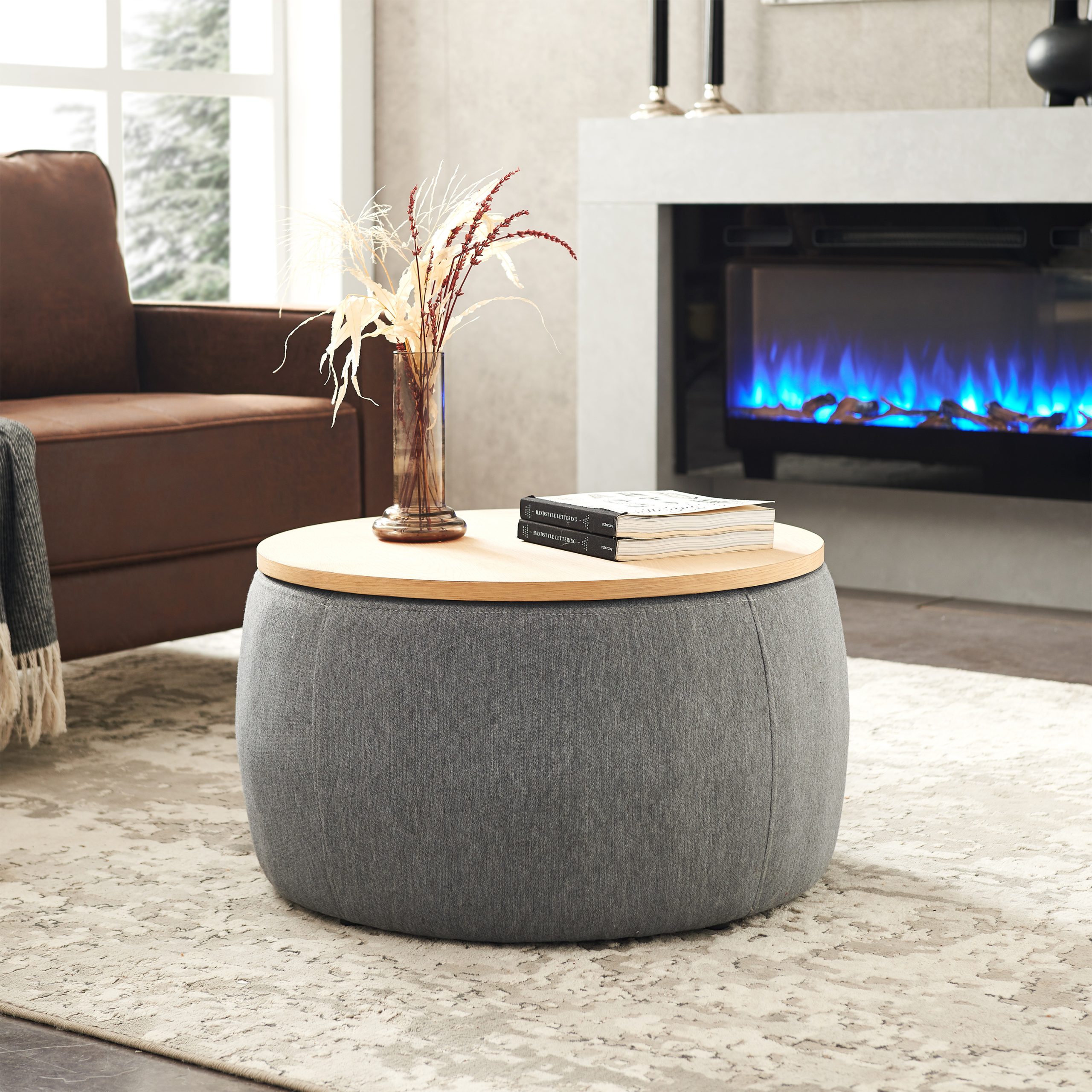 Round Storage Ottoman, 2 in 1 Function, Work as End table and Ottoman, Dark Grey (25.5"x25.5"x14.5") - Image 5