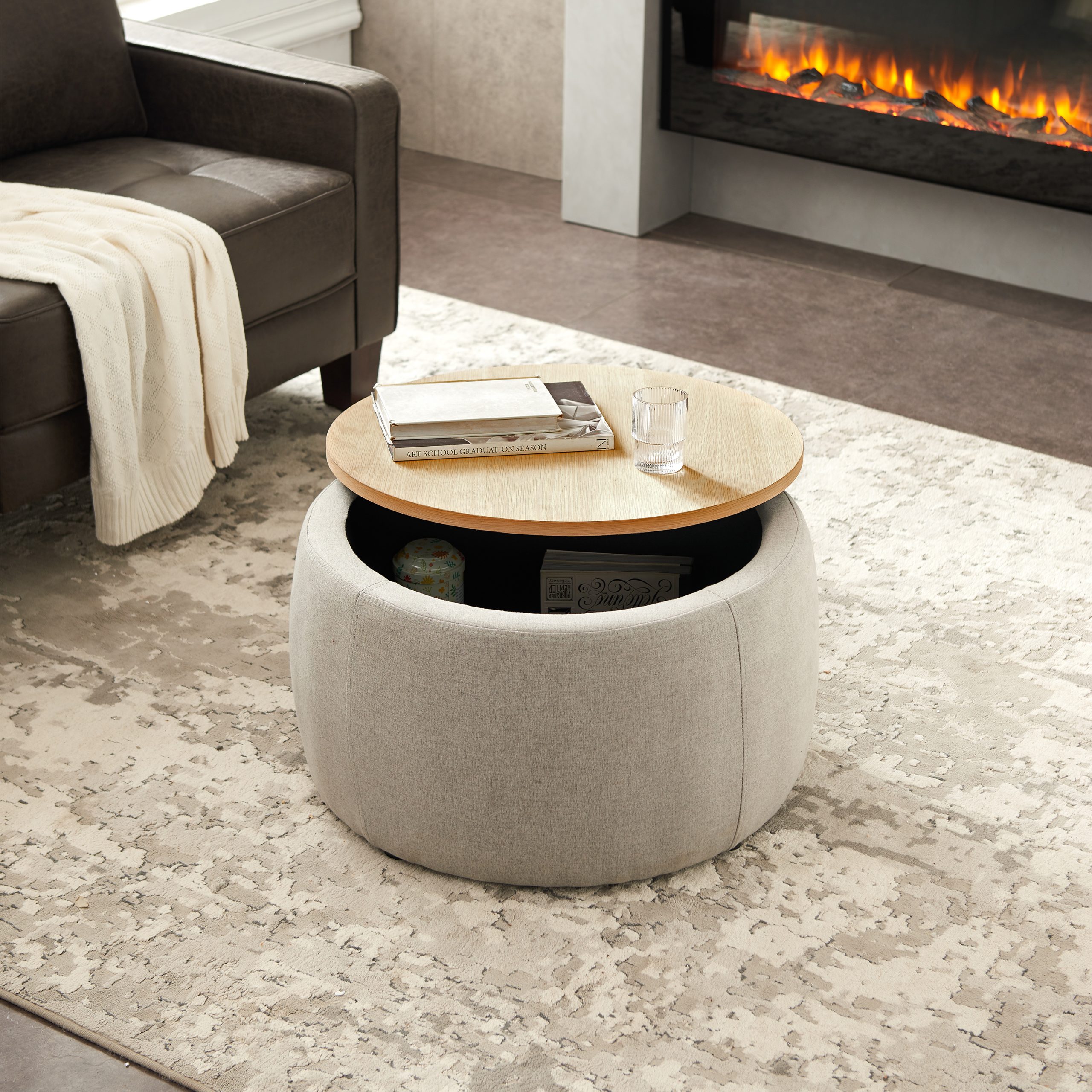 Round Storage Ottoman, 2 in 1 Function, Work as End table and Ottoman, Grey (25.5"x25.5"x14.5") - Image 4