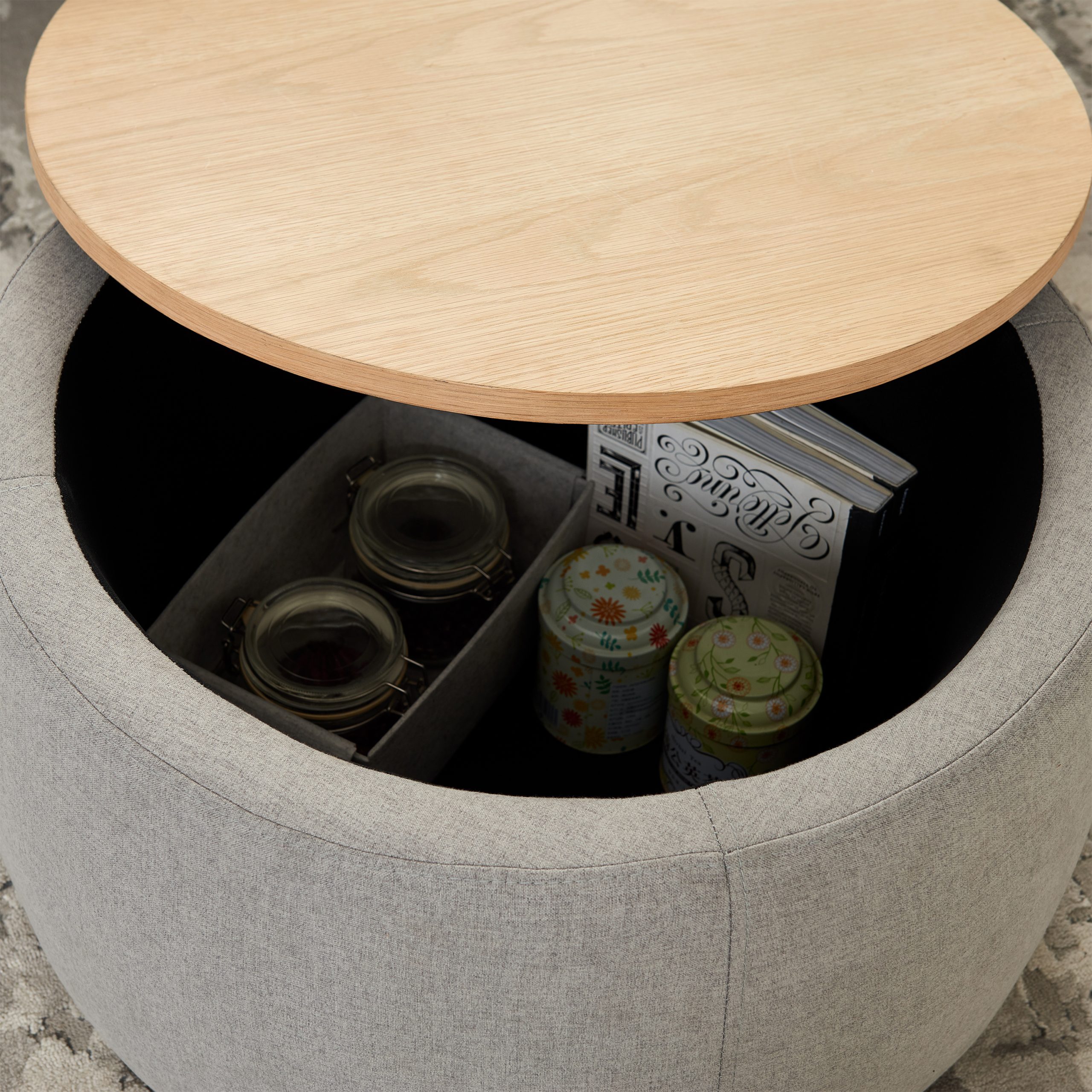 Round Storage Ottoman, 2 in 1 Function, Work as End table and Ottoman, Grey (25.5"x25.5"x14.5") - Image 5