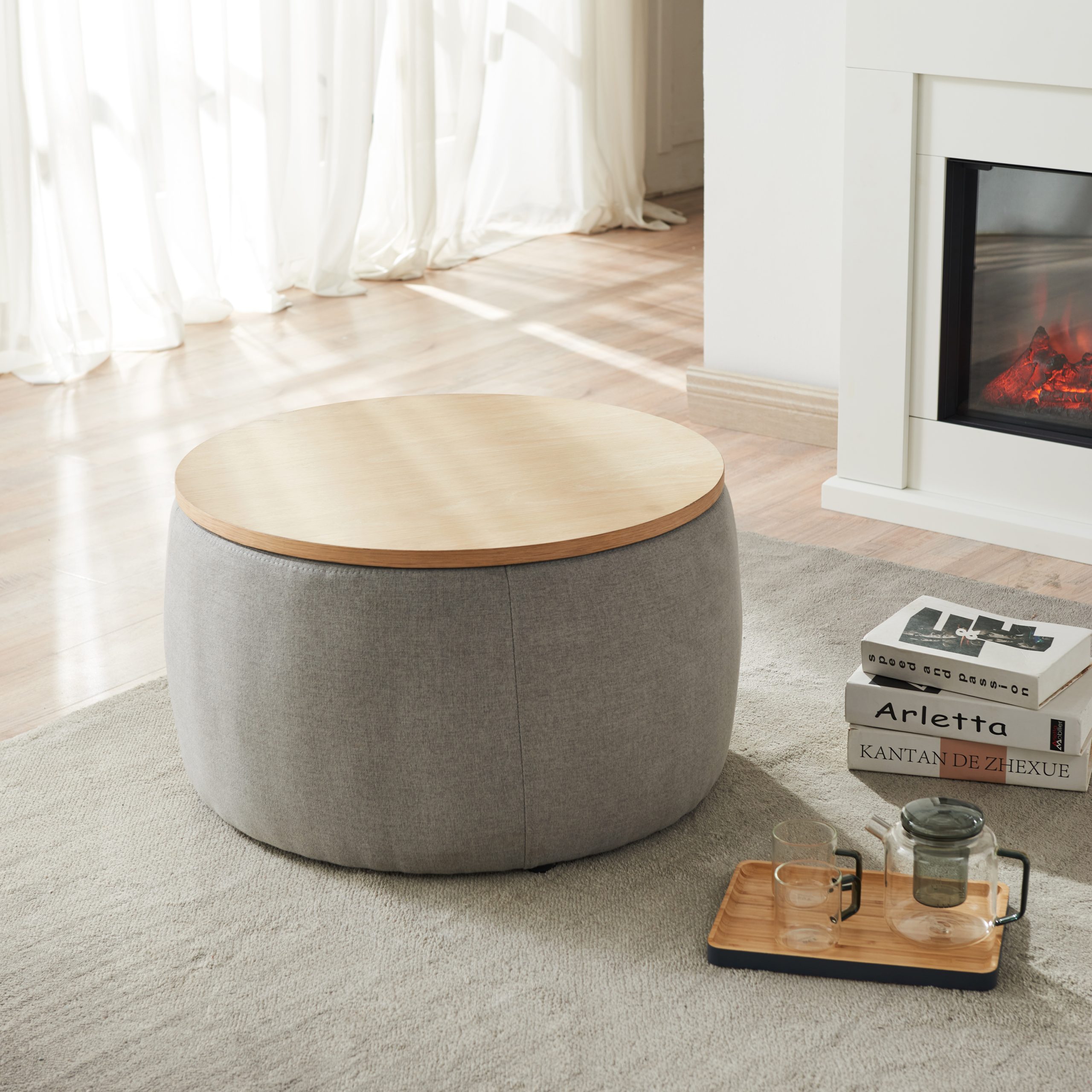 Round Storage Ottoman, 2 in 1 Function, Work as End table and Ottoman, Grey (25.5"x25.5"x14.5") - Image 6