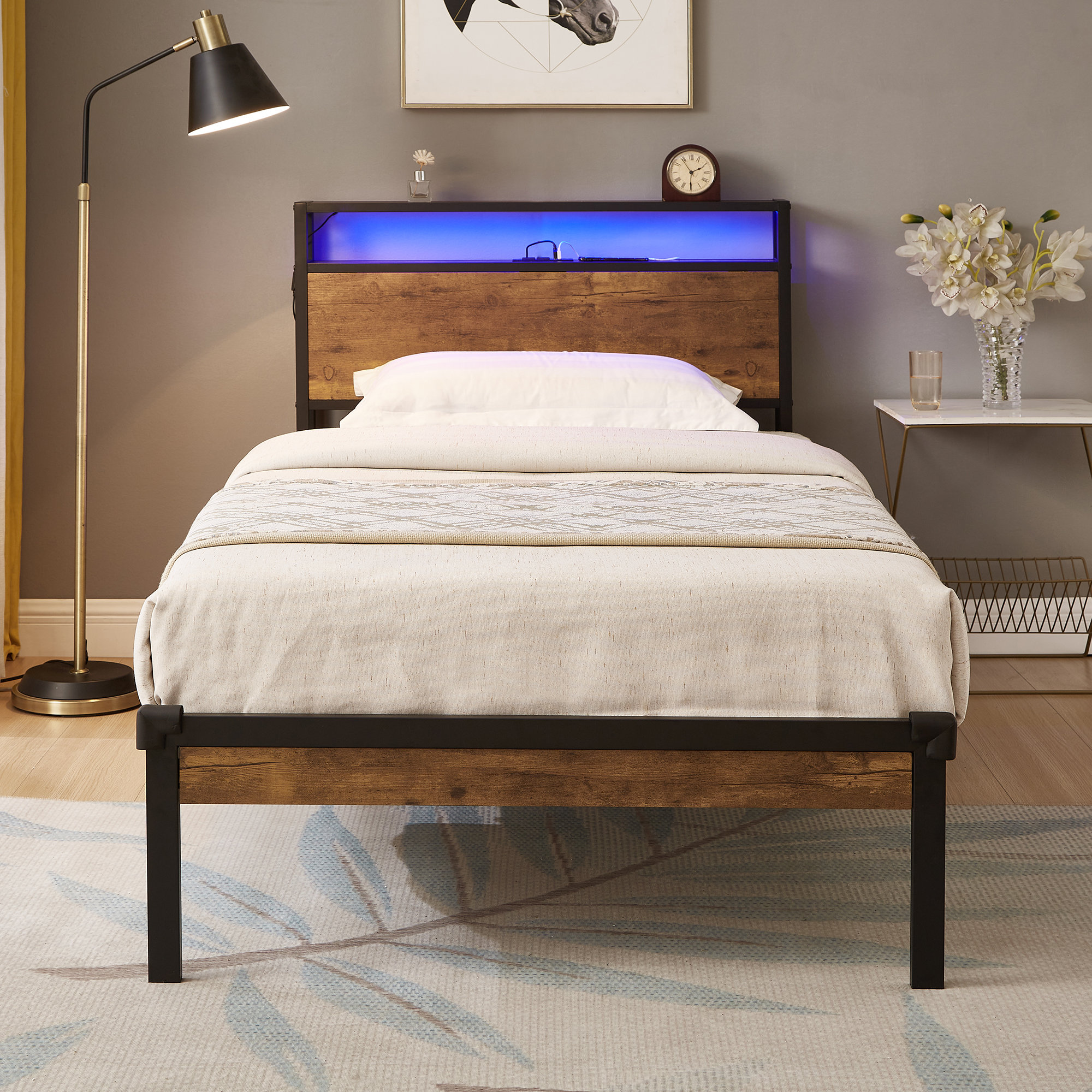 Twin Size Metal Platform Bed Frame with Wooden Headboard and Footboard with USB LINER, LED Lights ,No Box Spring Needed, Large Under Bed Storage, Easy Assemble - Image 2
