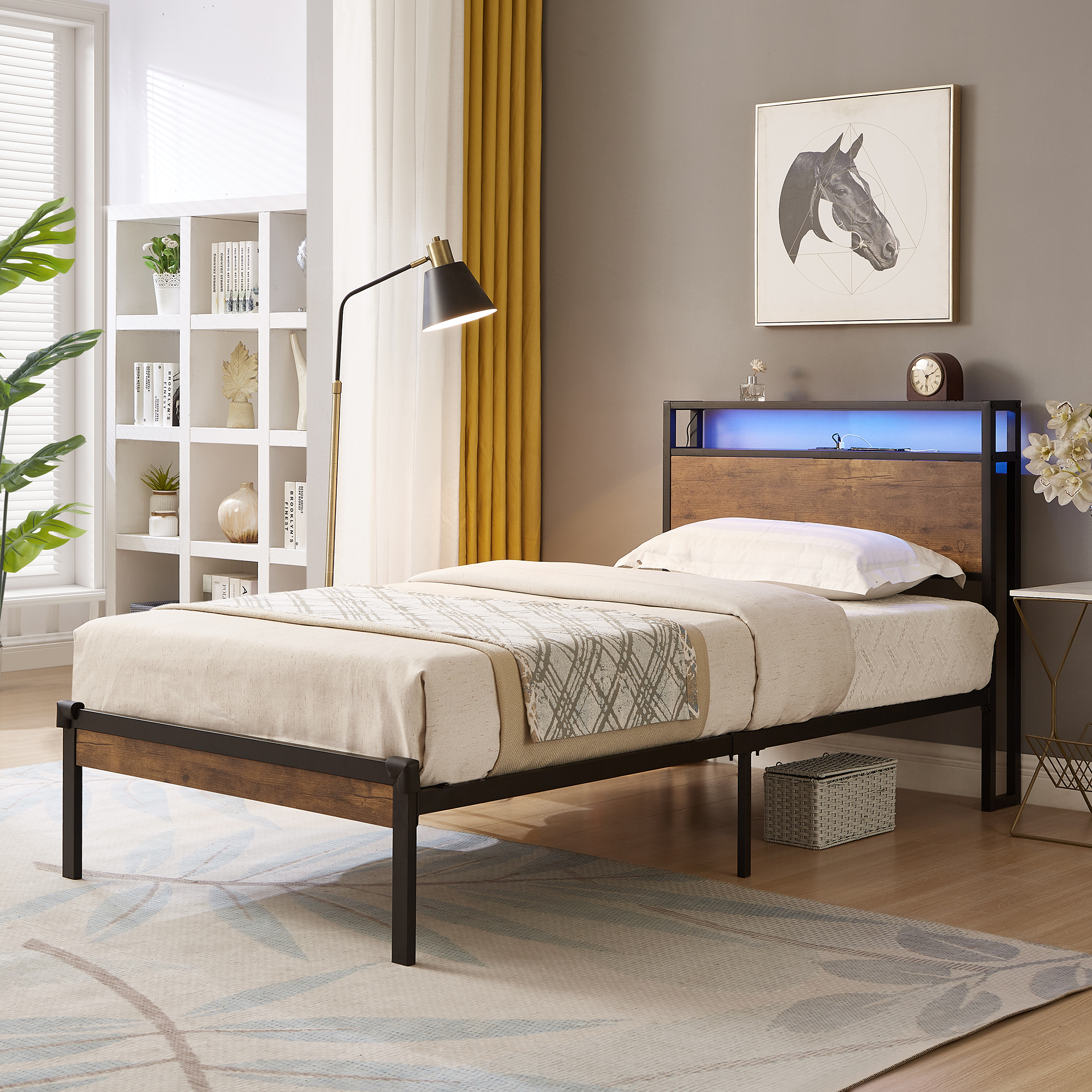 Twin Size Metal Platform Bed Frame with Wooden Headboard and Footboard with USB LINER, LED Lights ,No Box Spring Needed, Large Under Bed Storage, Easy Assemble - Image 3