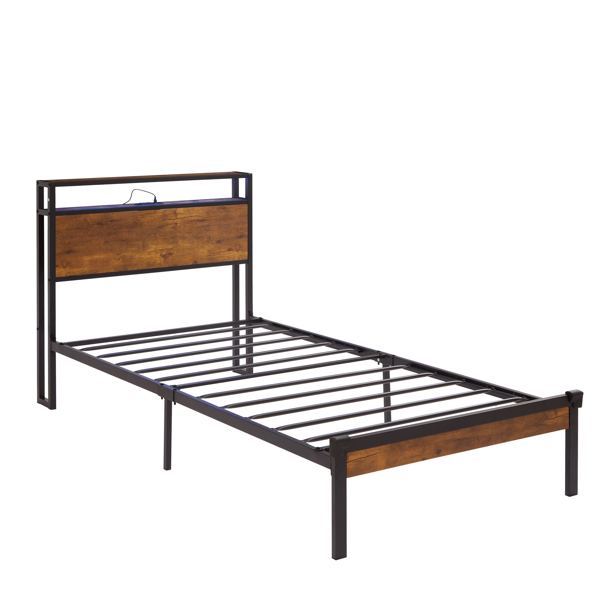 Twin Size Metal Platform Bed Frame with Wooden Headboard and Footboard with USB LINER, LED Lights ,No Box Spring Needed, Large Under Bed Storage, Easy Assemble - Image 5