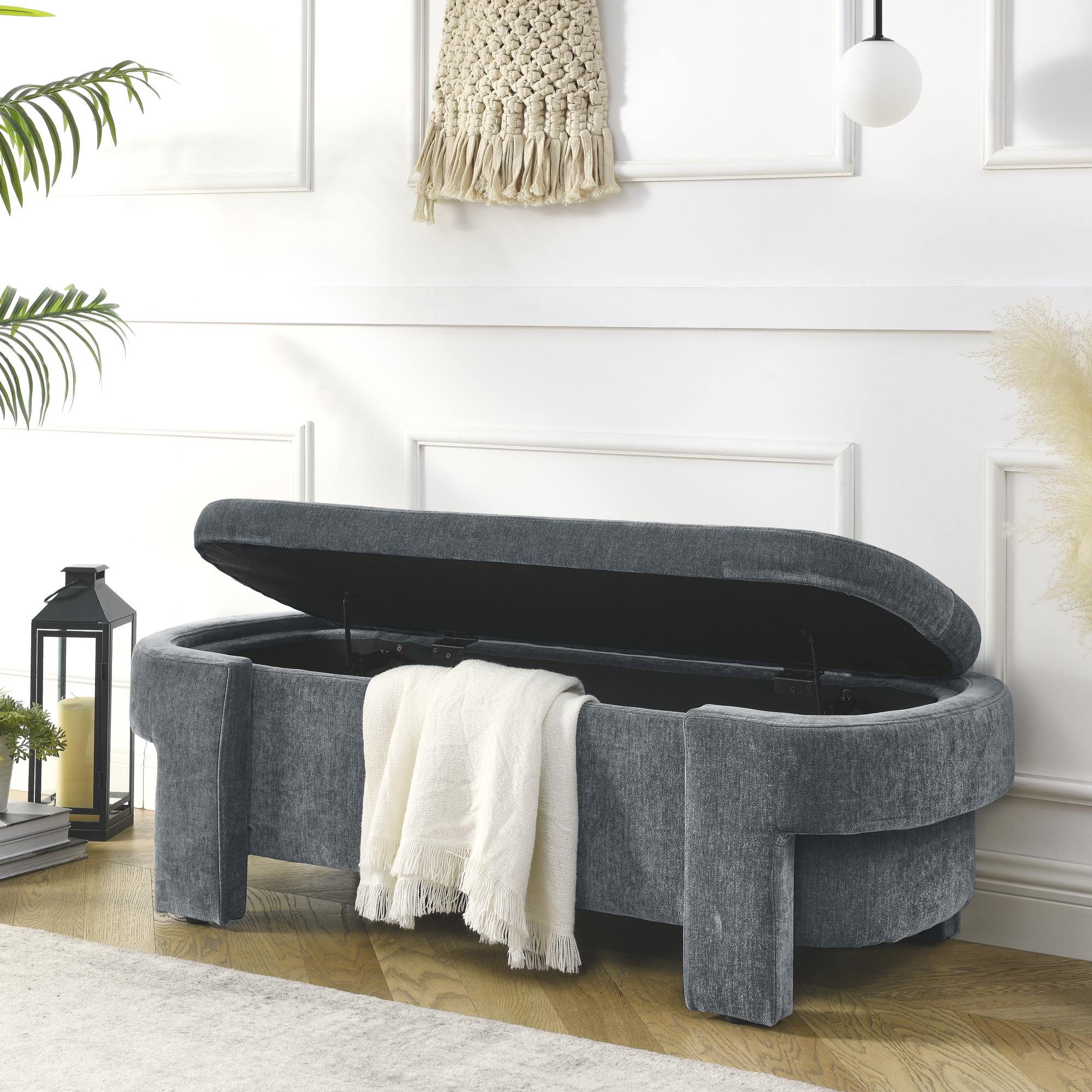 Chenille Upholstered Bench with Large Storage Space for the Living Room, Entryway and Bedroom,Grey,( 51.5''x20.5''x17'' ) - Image 2