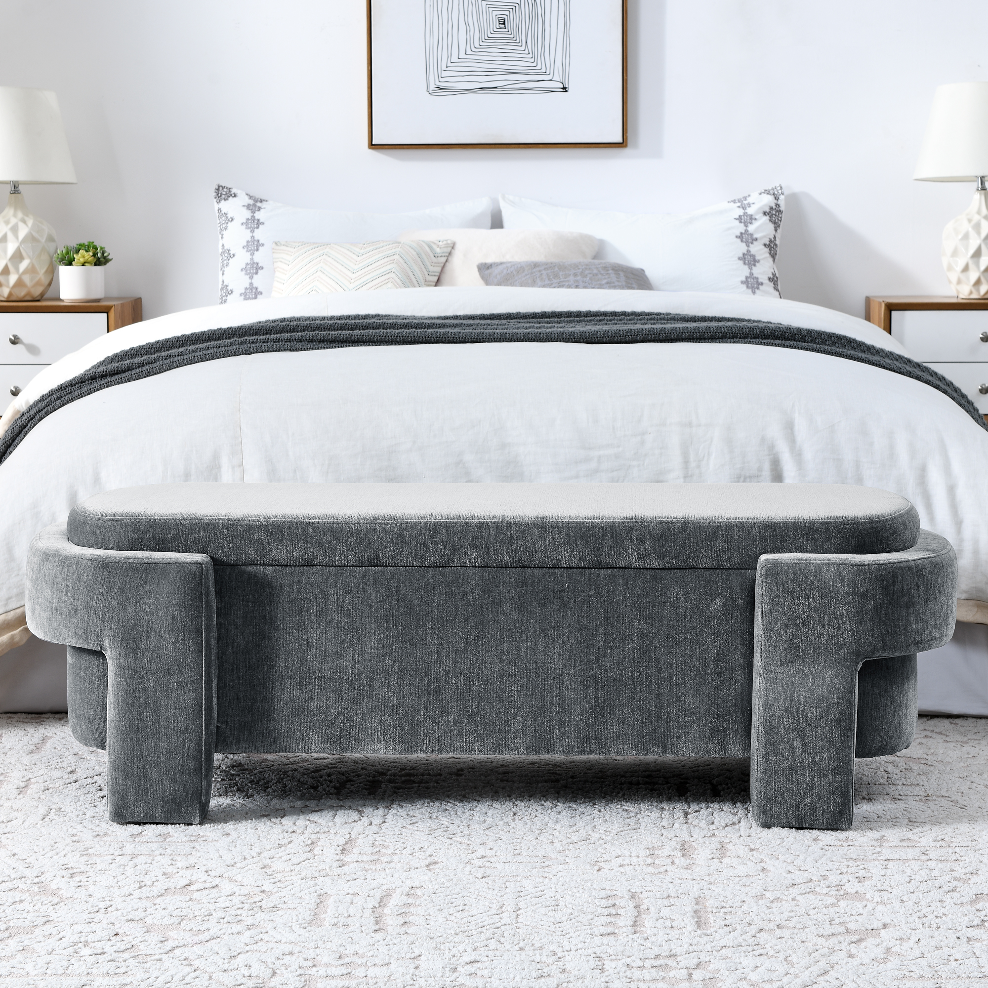 Chenille Upholstered Bench with Large Storage Space for the Living Room, Entryway and Bedroom,Grey,( 51.5''x20.5''x17'' ) - Image 4