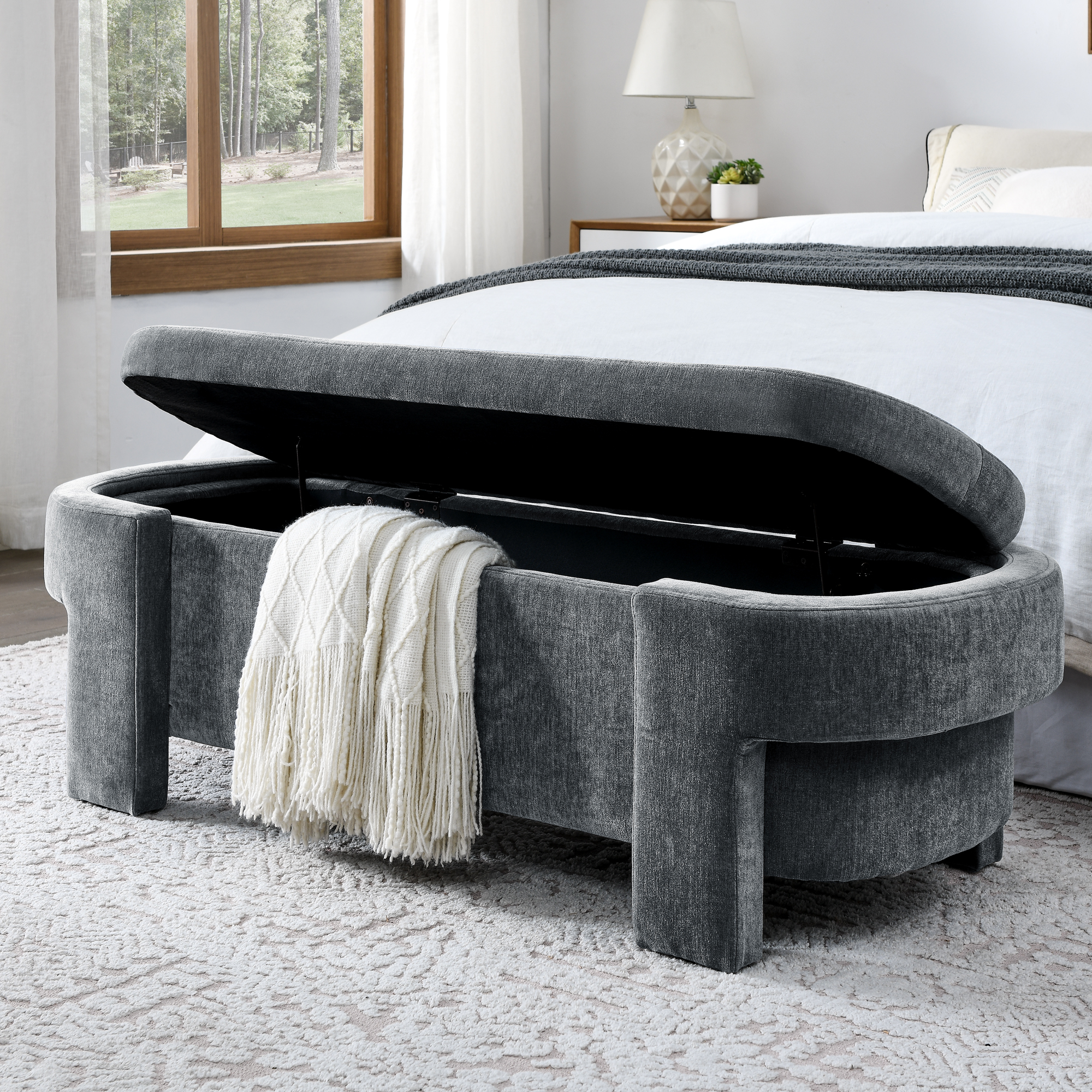 Chenille Upholstered Bench with Large Storage Space for the Living Room, Entryway and Bedroom,Grey,( 51.5''x20.5''x17'' ) - Image 5