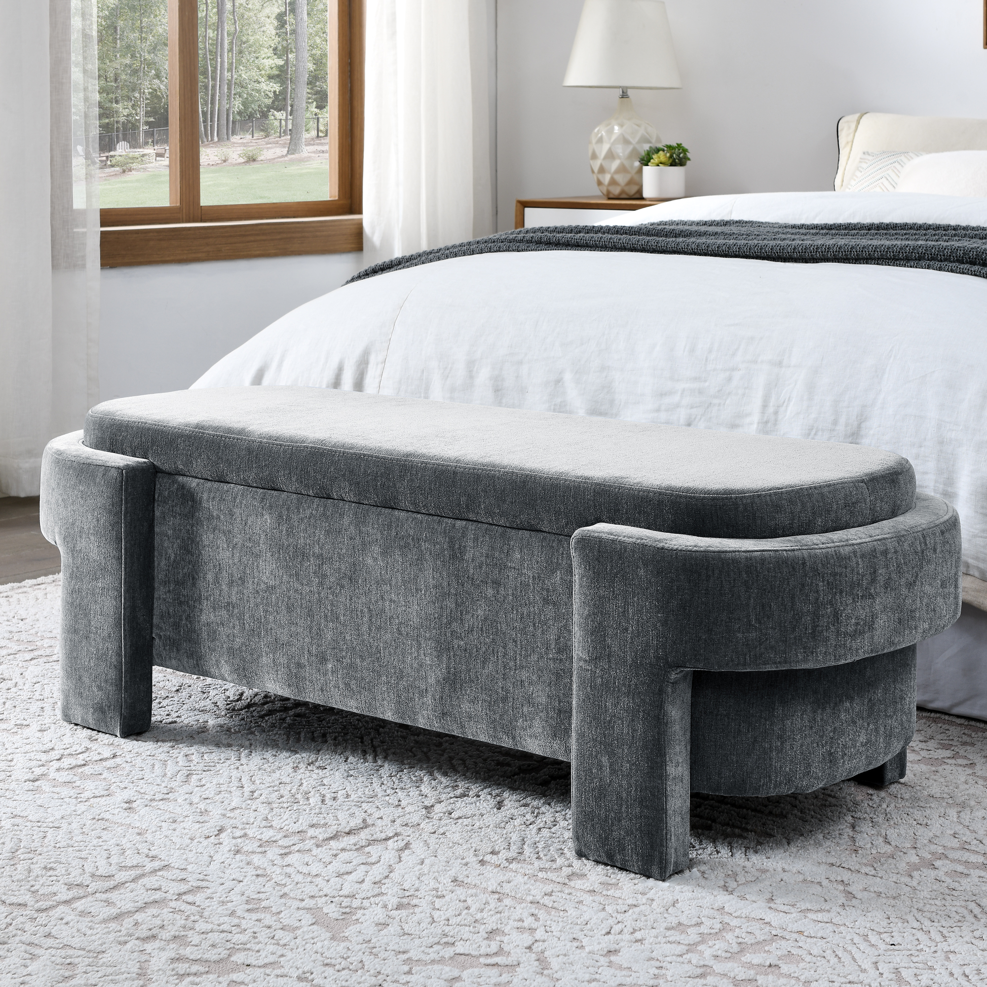 Chenille Upholstered Bench with Large Storage Space for the Living Room, Entryway and Bedroom,Grey,( 51.5''x20.5''x17'' ) - Image 6