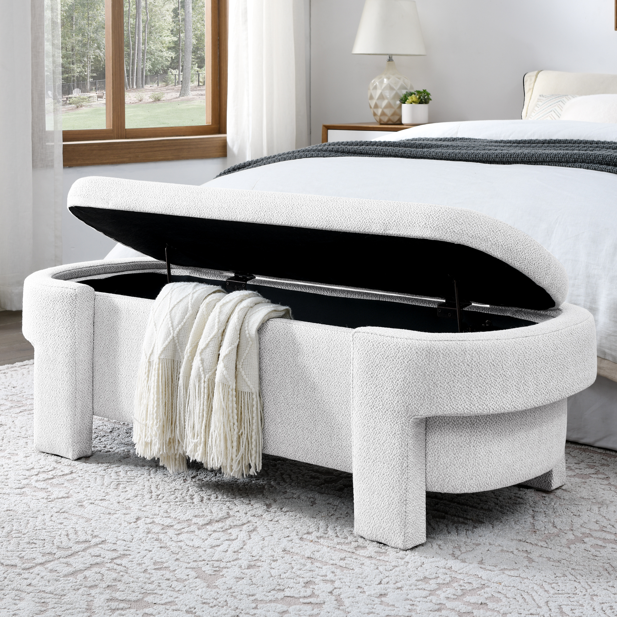 Linen Fabric Upholstered Bench with Large Storage Space for the Living Room, Entryway and Bedroom,White,( 51.5''x20.5''x17'' ) - Image 2