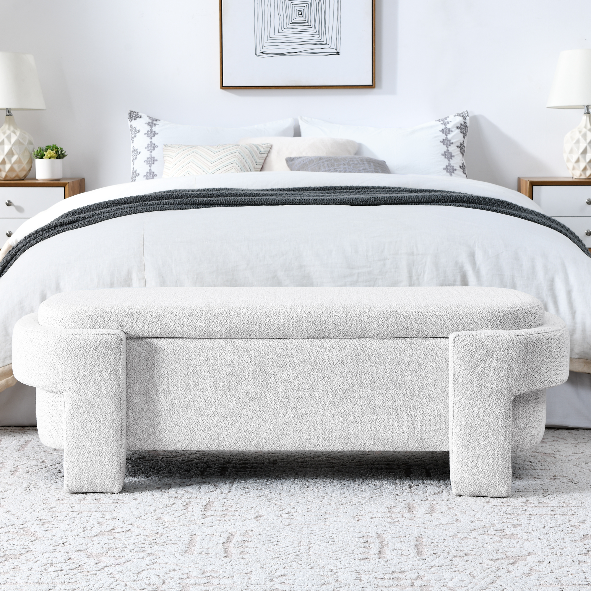 Linen Fabric Upholstered Bench with Large Storage Space for the Living Room, Entryway and Bedroom,White,( 51.5''x20.5''x17'' ) - Image 3