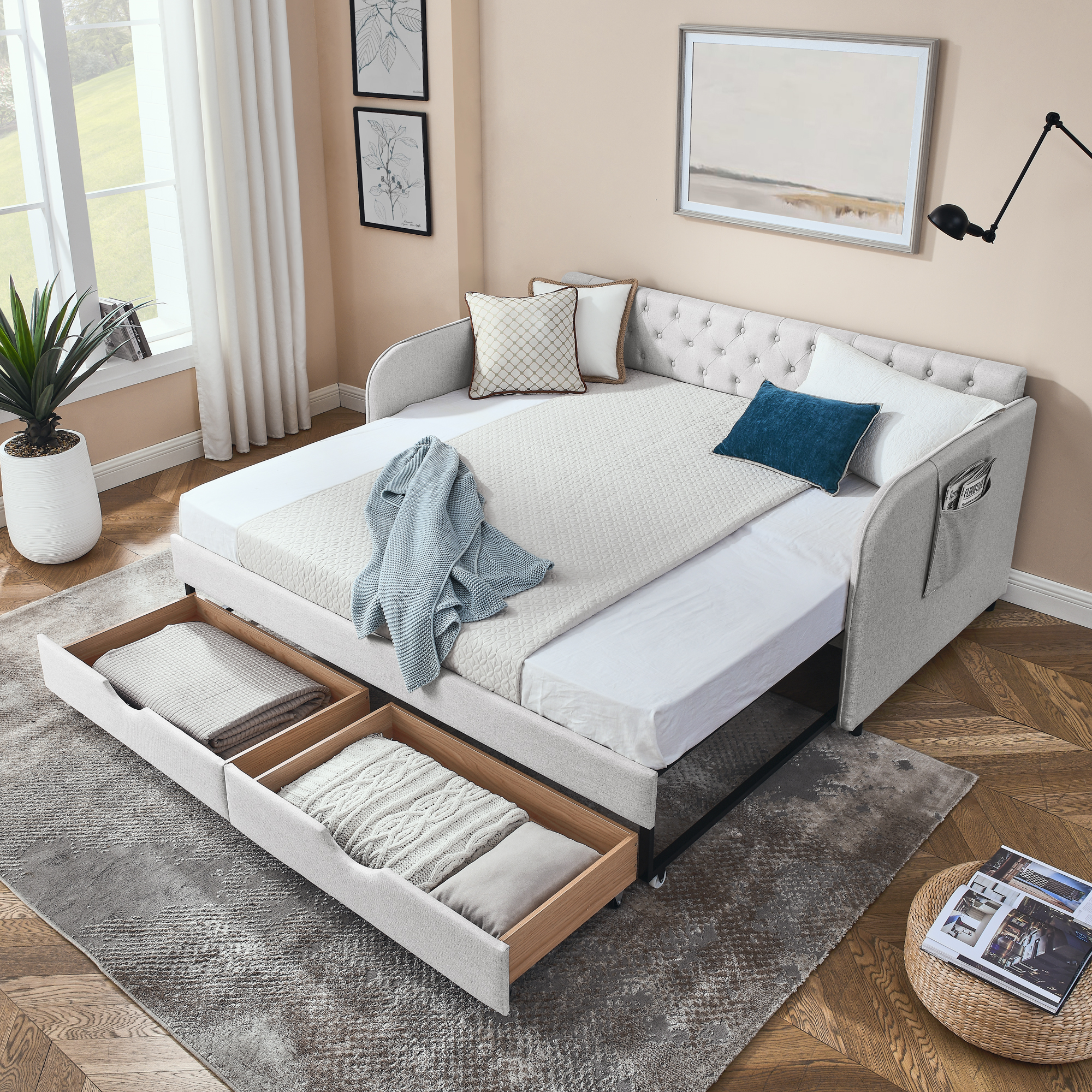Twin Size Upholstery Daybed with Trundle Bed and Two Storage Drawers , Flat Arms with Pocket, Extendable Daybed for Bedroom Living Room,Linen Beige - Image 2