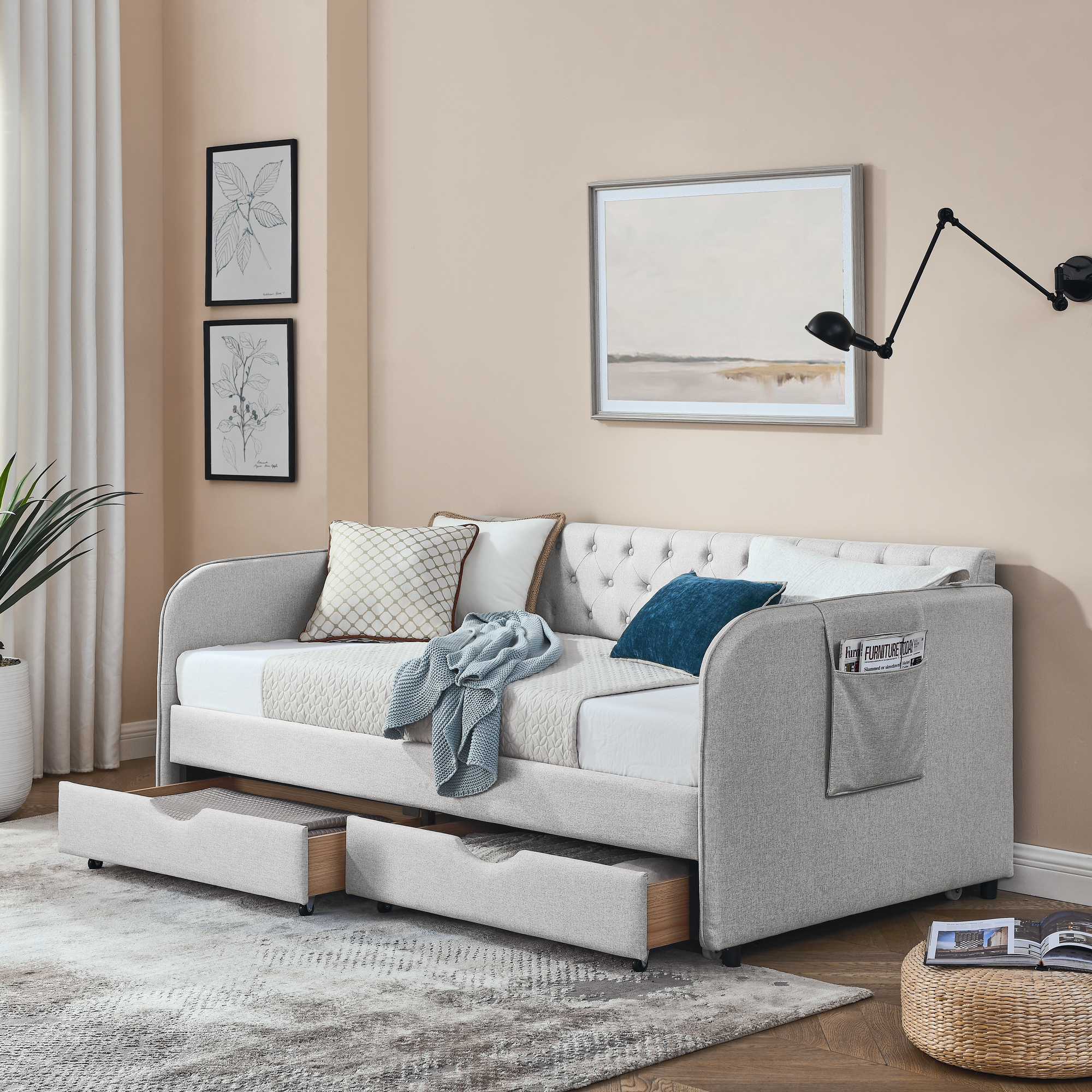 Twin Size Upholstery Daybed with Trundle Bed and Two Storage Drawers , Flat Arms with Pocket, Extendable Daybed for Bedroom Living Room,Linen Beige - Image 3