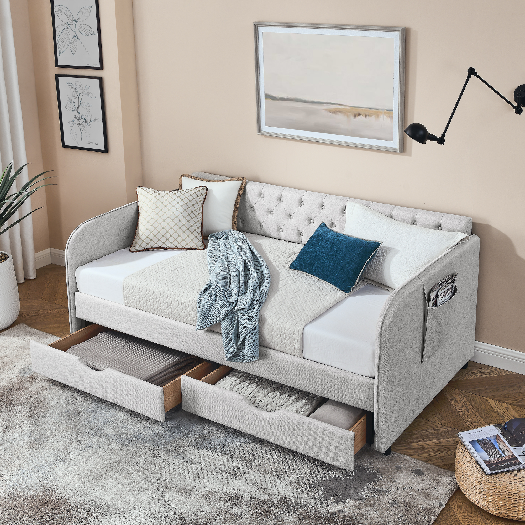 Twin Size Upholstery Daybed with Trundle Bed and Two Storage Drawers , Flat Arms with Pocket, Extendable Daybed for Bedroom Living Room,Linen Beige - Image 4