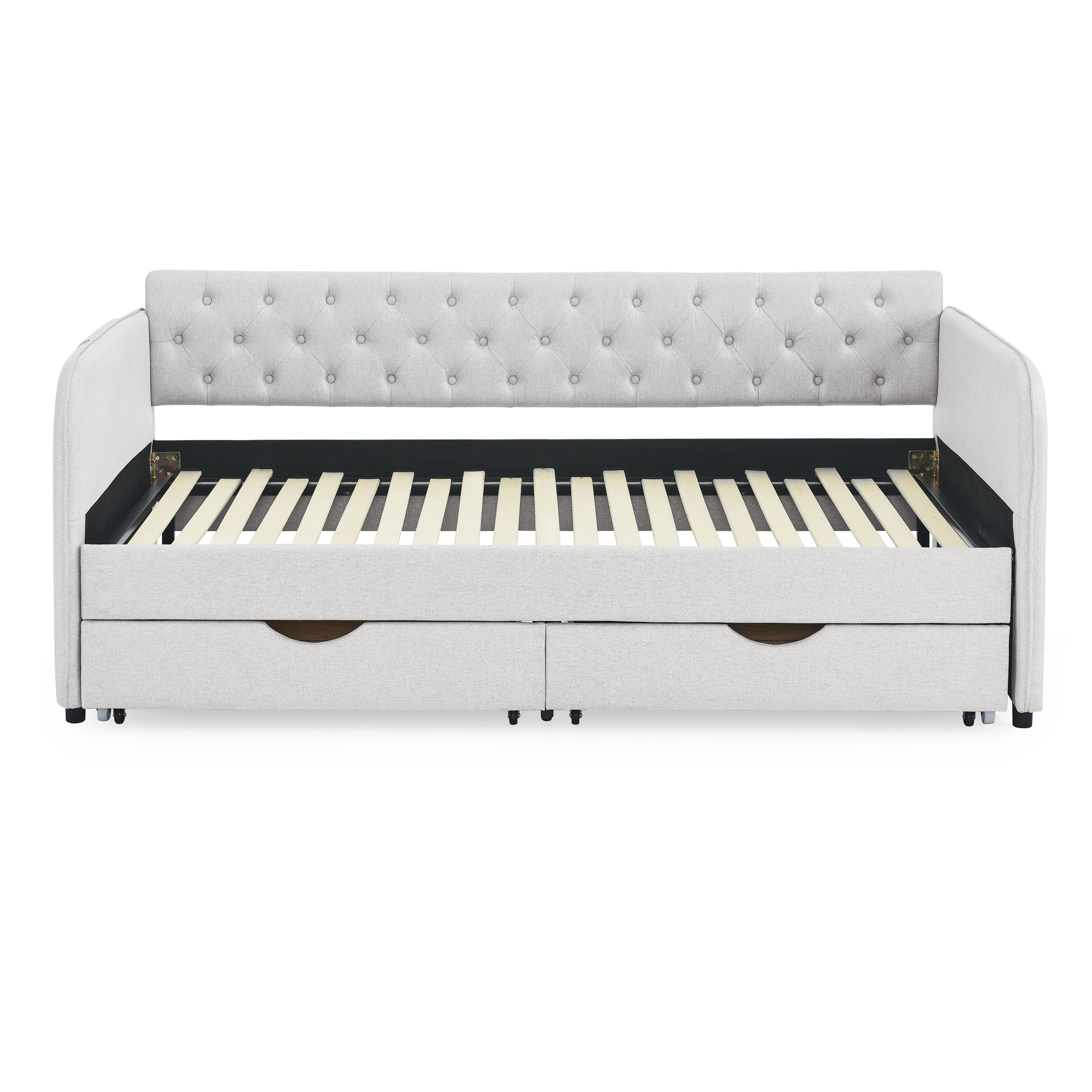 Twin Size Upholstery Daybed with Trundle Bed and Two Storage Drawers , Flat Arms with Pocket, Extendable Daybed for Bedroom Living Room,Linen Beige - Image 5