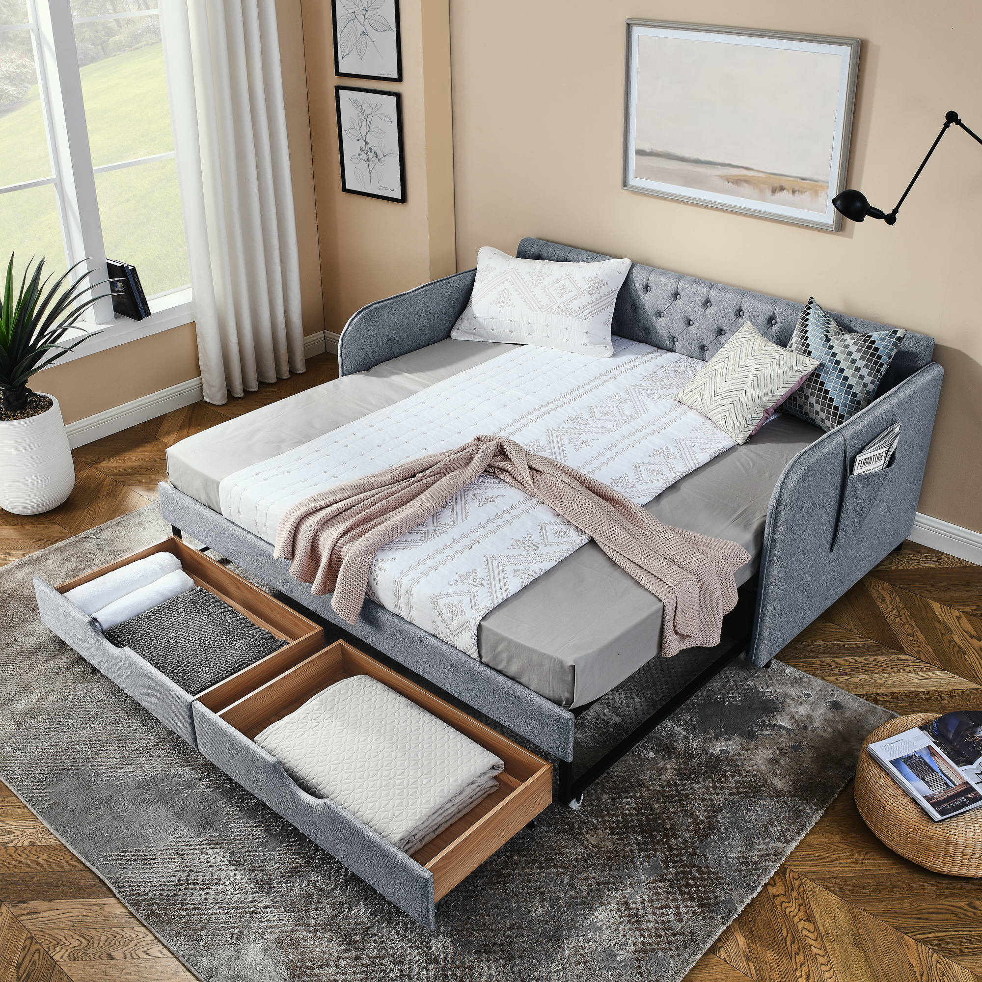 Twin Size Upholstery Daybed with Trundle Bed and Two Storage Drawers , Flat Arms with Pocket, Extendable Daybed for Bedroom Living Room,Linen Grey - Image 2