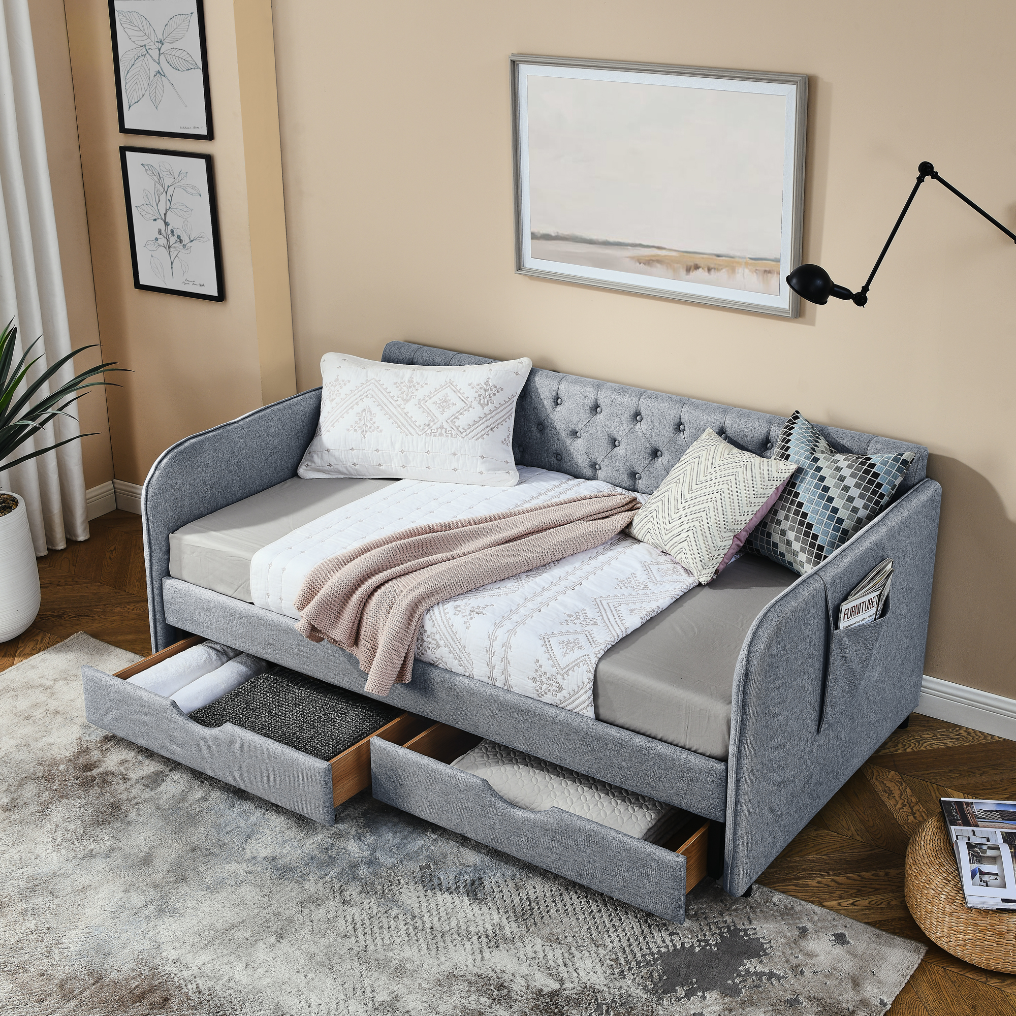 Twin Size Upholstery Daybed with Trundle Bed and Two Storage Drawers , Flat Arms with Pocket, Extendable Daybed for Bedroom Living Room,Linen Grey - Image 3