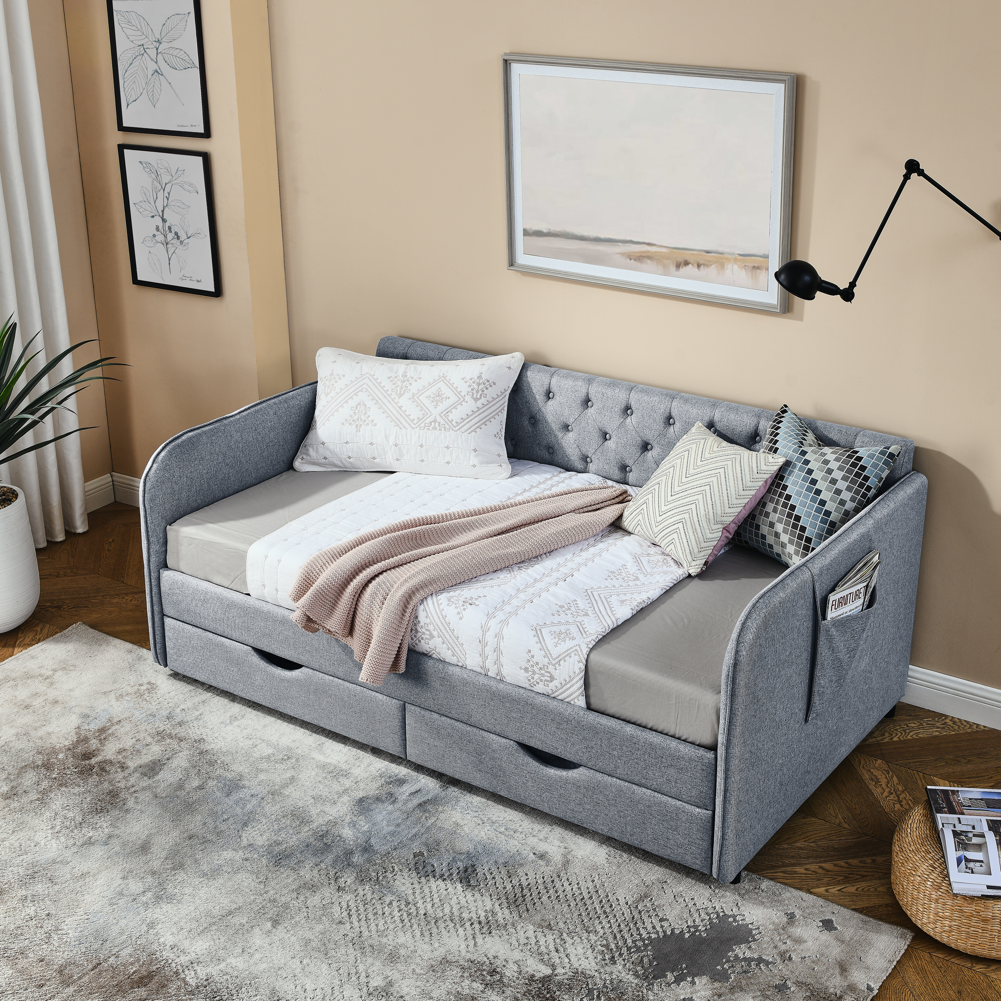 Twin Size Upholstery Daybed with Trundle Bed and Two Storage Drawers , Flat Arms with Pocket, Extendable Daybed for Bedroom Living Room,Linen Grey - Image 4