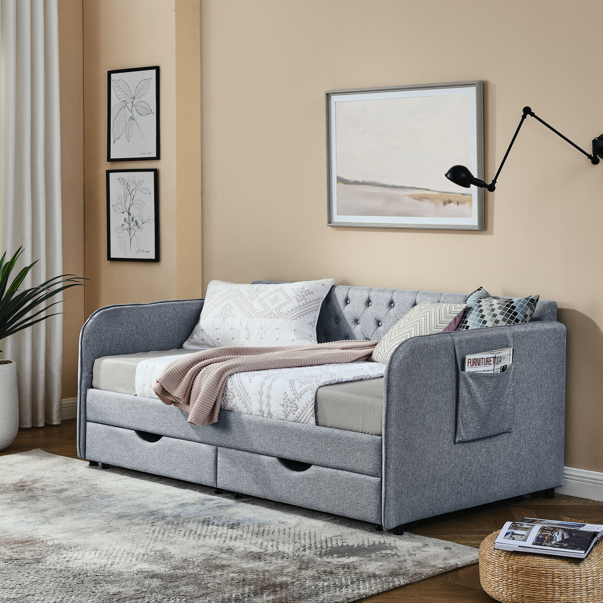 Twin Size Upholstery Daybed with Trundle Bed and Two Storage Drawers , Flat Arms with Pocket, Extendable Daybed for Bedroom Living Room,Linen Grey - Image 5