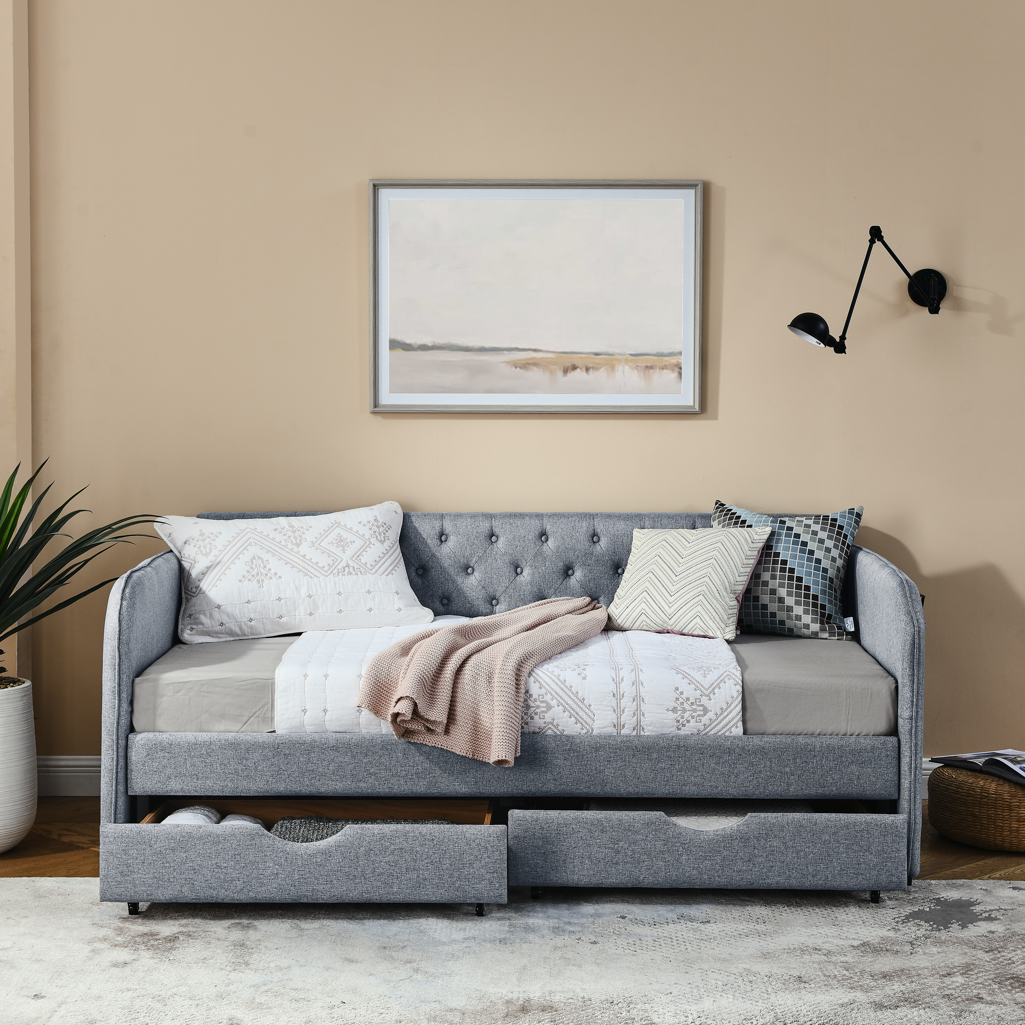Twin Size Upholstery Daybed with Trundle Bed and Two Storage Drawers , Flat Arms with Pocket, Extendable Daybed for Bedroom Living Room,Linen Grey - Image 6